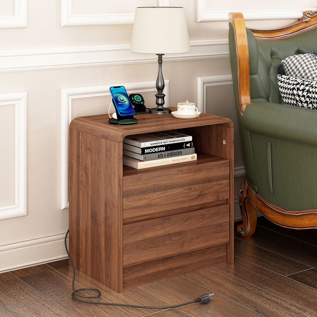 25' Tall Modern Nightstand with Charging Station, 23.6'' Wide Wood Bedside Table w/2 Storage Drawers, Large Mid Century End Table for Bedroom, Living Room, Curved Profile Design ( WALNUT )