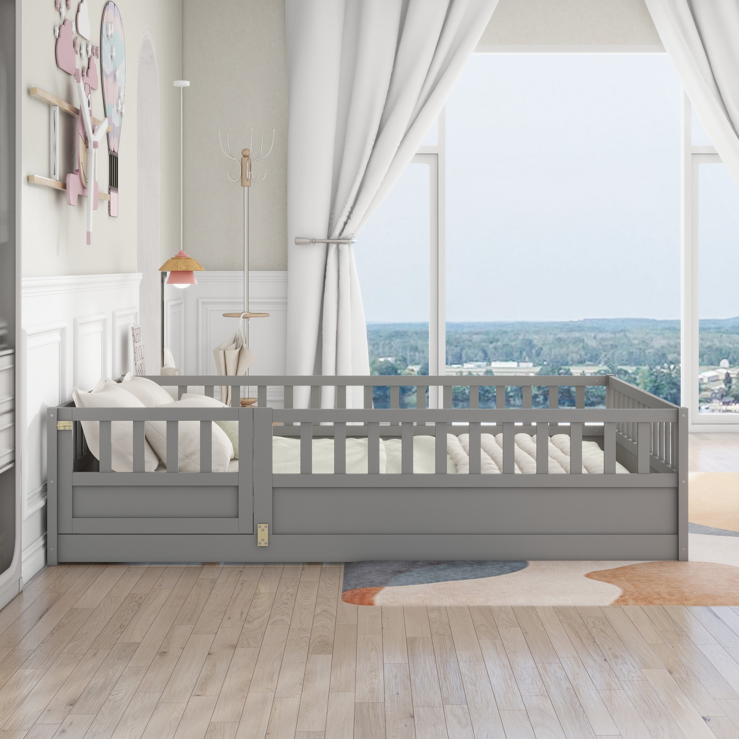 Full size  Floor bed, integral construction with super high security barrier, door, children's floor bed frame, Montessori wooden children's floor bed, Support slat Grey(Patented model) Main image
