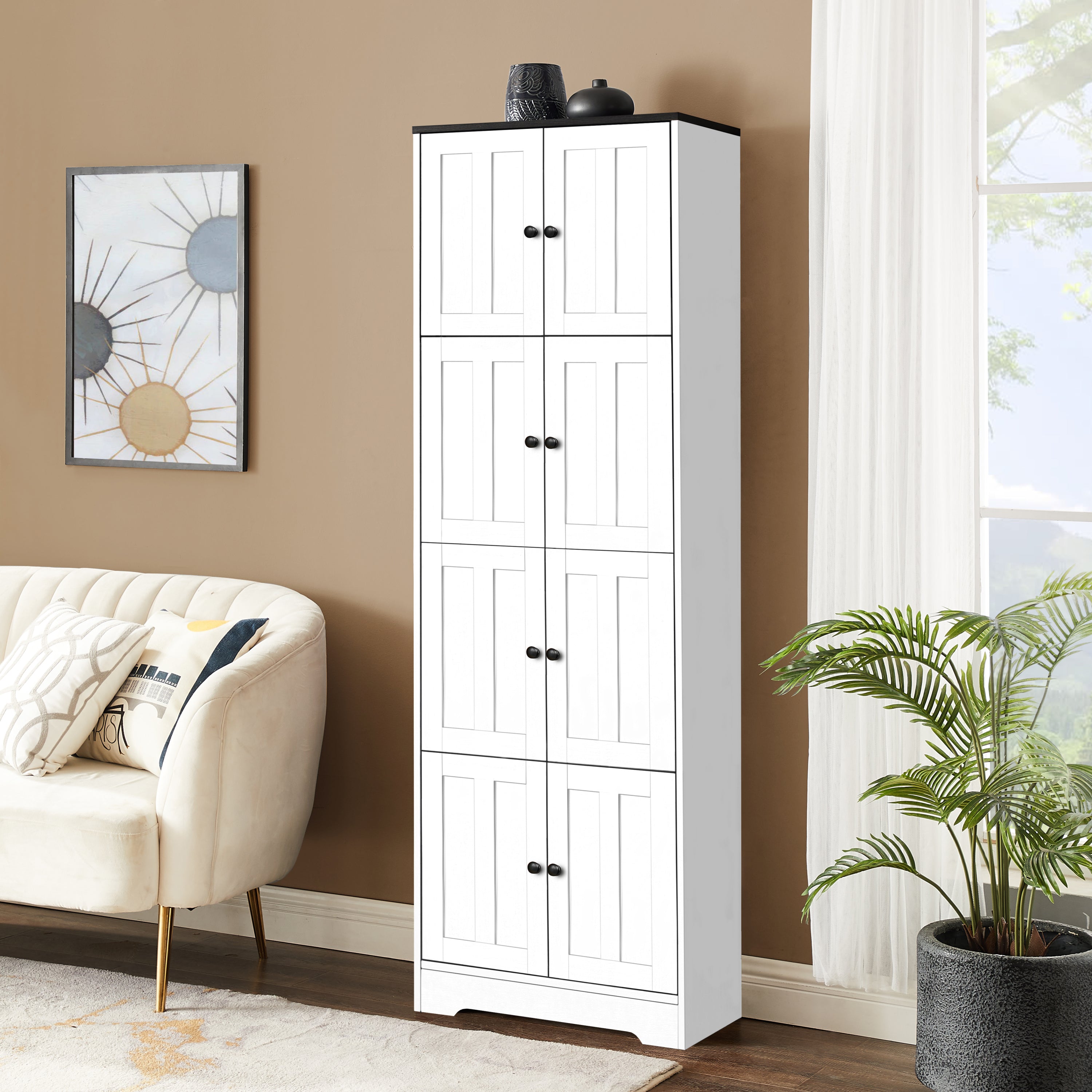 Tall Storage Cabinet with 8 Doors and 4 Shelves, Wall Storage Cabinet for Living Room, Kitchen, Office, Bedroom, Bathroom, White Secondary image