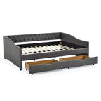 Mid-Century Dark Grey Linen Upholstered Daybed with Drawers, Button Tufted Back and Copper Nail Trimmed Waved Arms, Queen Size 84.5'x63.5'x26.5'