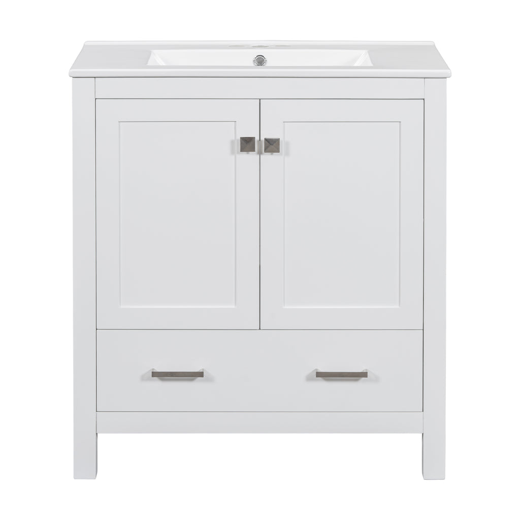 Transitional 30-Inch White Bathroom Vanity with Single Sink, Solid Wood Frame, Soft Closing, Multifunctional Storage
