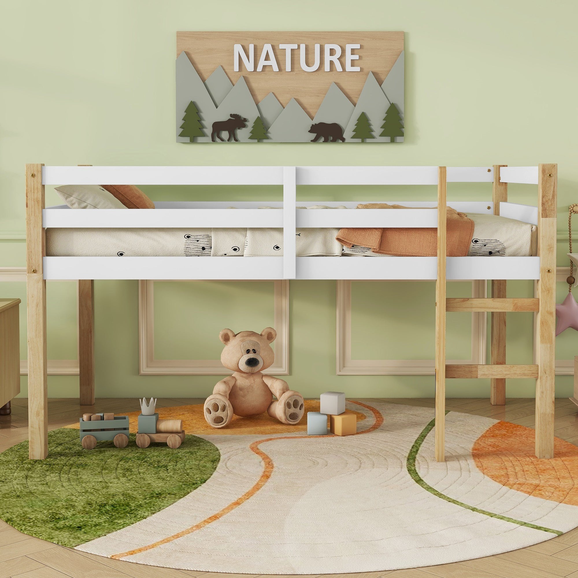 Solid Wooden, Rubber Wooden Twin Loft Bed with Ladder, Bed Platform of Strengthened Slats,Natural-white Main image