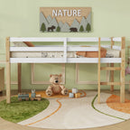 Solid Wooden, Rubber Wooden Twin Loft Bed with Ladder, Bed Platform of Strengthened Slats,Natural-white