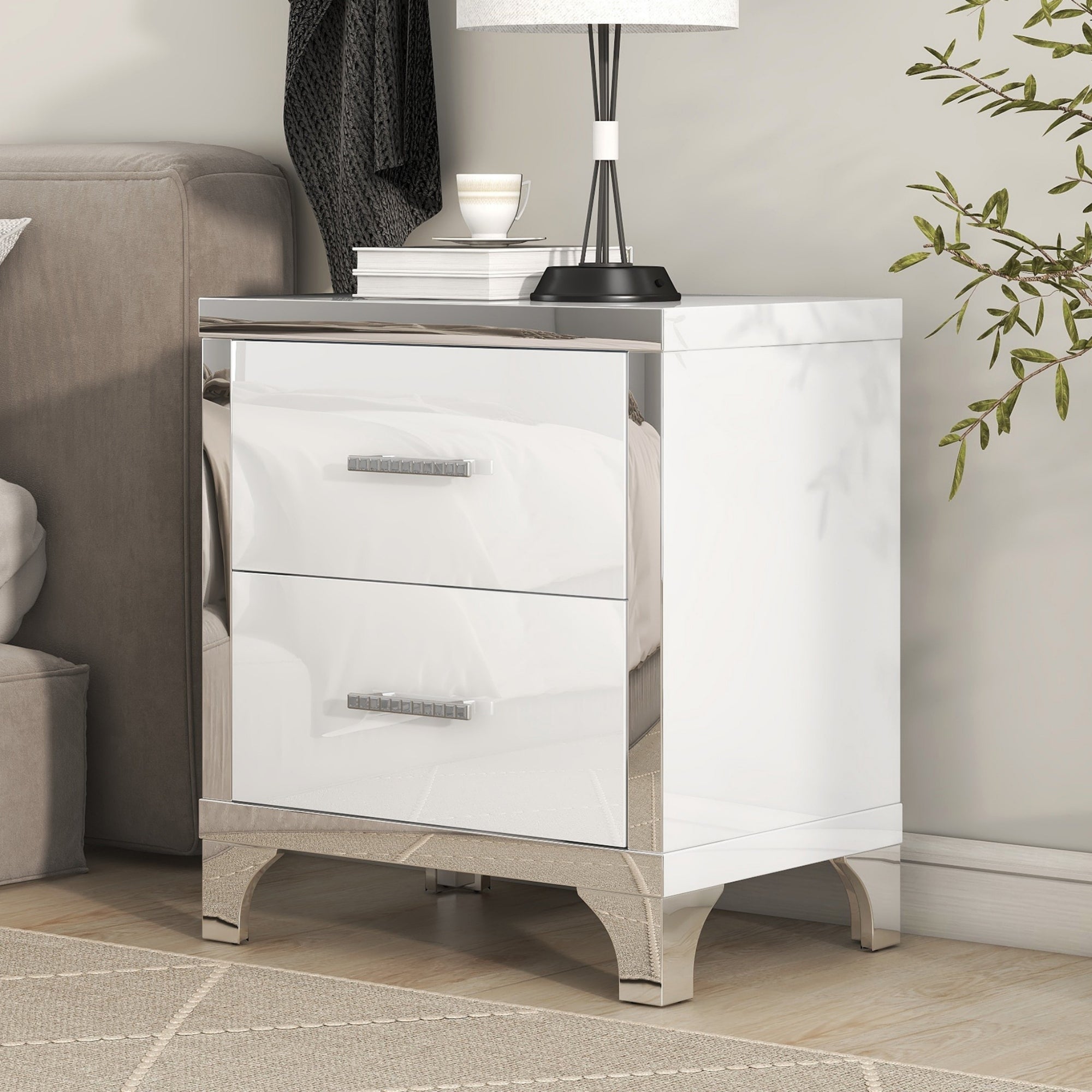 Elegant High Gloss Nightstand with Metal Handle,Mirrored Bedside Table with 2 Drawers for Bedroom,Living Room,White Main image