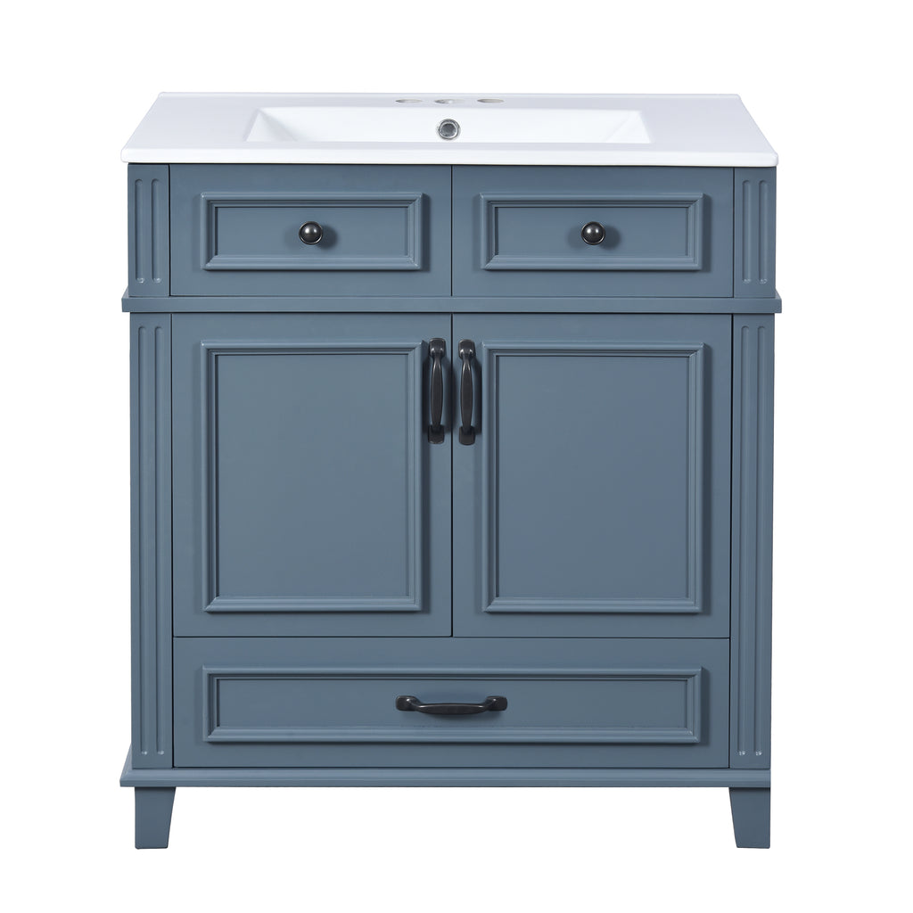 Retro Style 30'' Blue Bathroom Vanity with Ceramic Sink, Solid Wood Frame Storage Cabinet, Soft-Closing Doors, MDF & Ceramic Construction