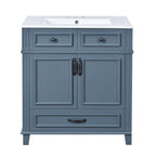 Retro Style 30'' Blue Bathroom Vanity with Ceramic Sink, Solid Wood Frame Storage Cabinet, Soft-Closing Doors, MDF & Ceramic Construction