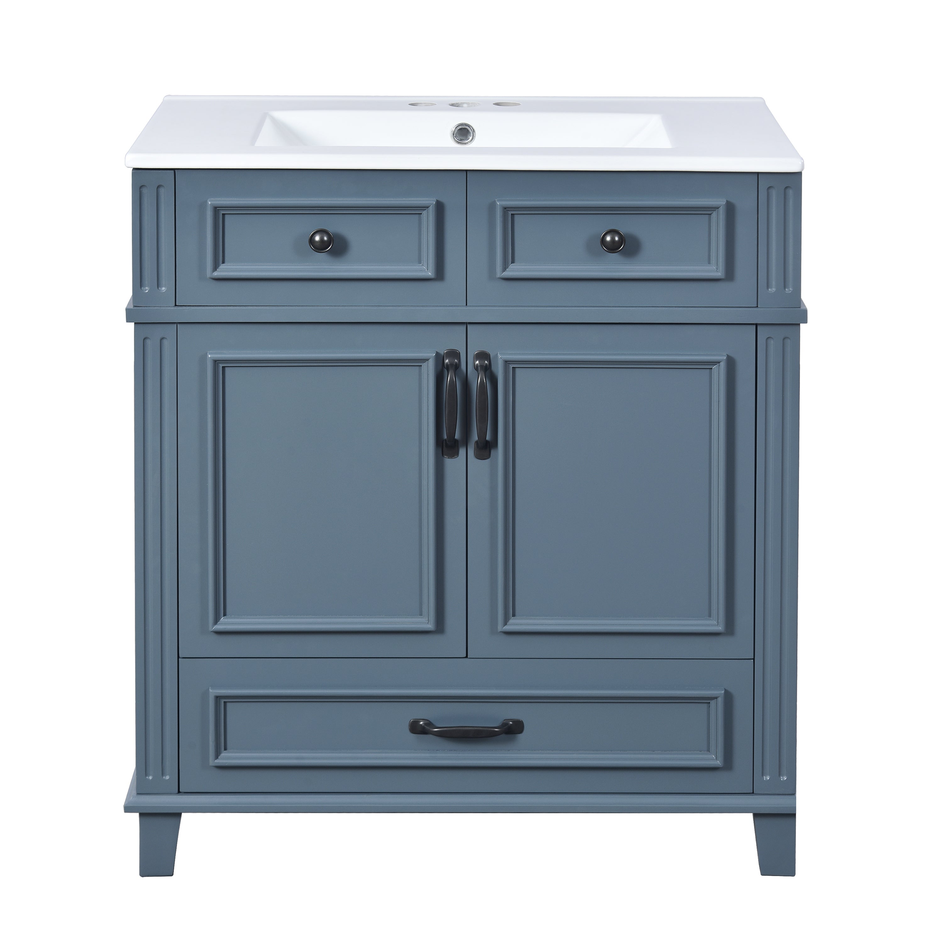 Retro Style 30'' Blue Bathroom Vanity with Ceramic Sink, Solid Wood Frame Storage Cabinet, Soft-Closing Doors, MDF & Ceramic Construction