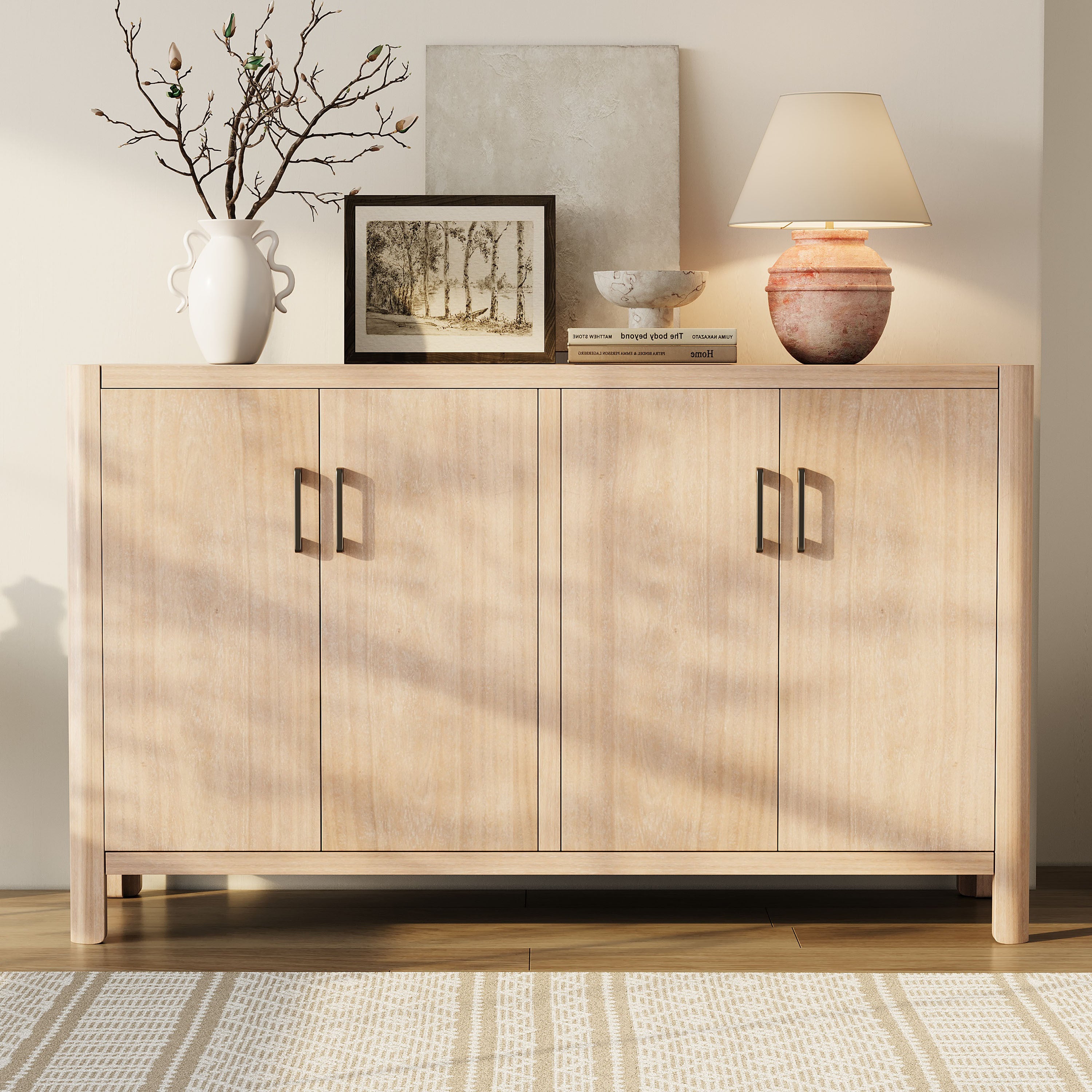 Mirod Farmhouse Style 4-Door Cabinet with Natural Distressed Finish, A Rustic Accent for Entryways or Small Spaces Main image