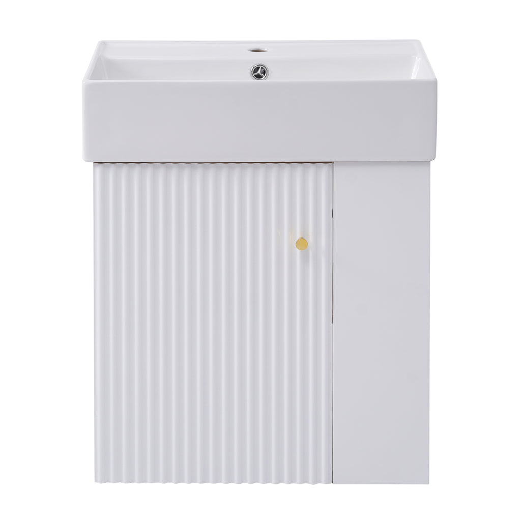 Modern Floating Bathroom Vanity with Ceramic Basin and Right Side Storage - 21.6 inch, White, MDF and Ceramic