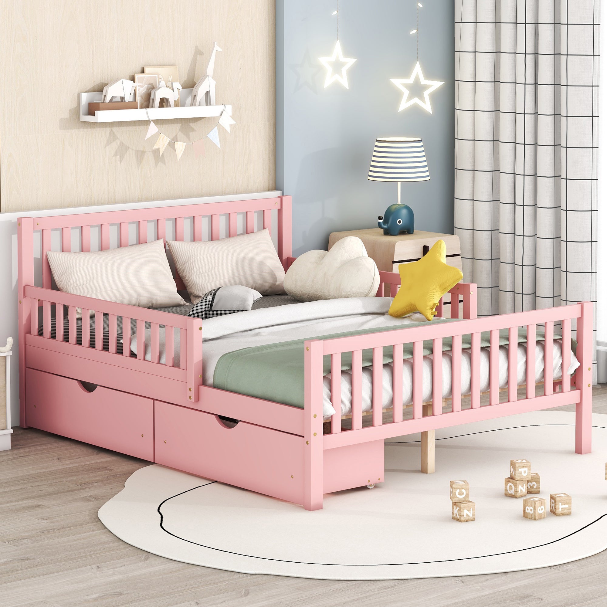 Full Size Wood Platform Bed with Guardrails on Both Sides and Two Storage Drawers ,Pink Secondary image
