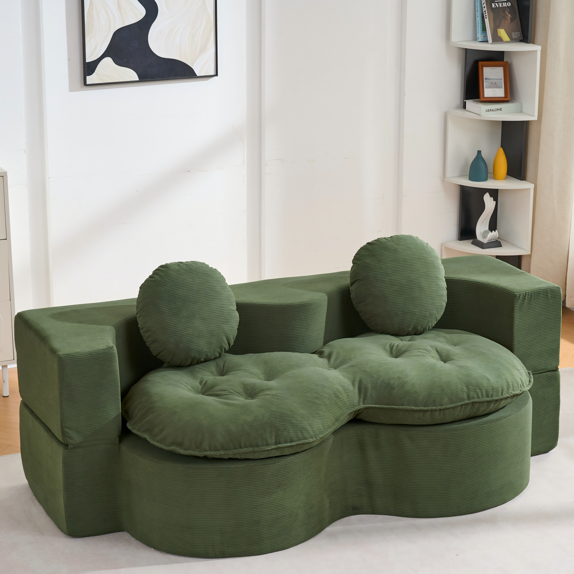 Convertible Sleeper Sofa, Modern Folding Futon Corduroy Floor Foam Compression Loveseat Sofa Bed Couch, Foldable Full Size Guest Bed with 2 Pillows for Living Room Bedroom Apartment, Green Secondary image