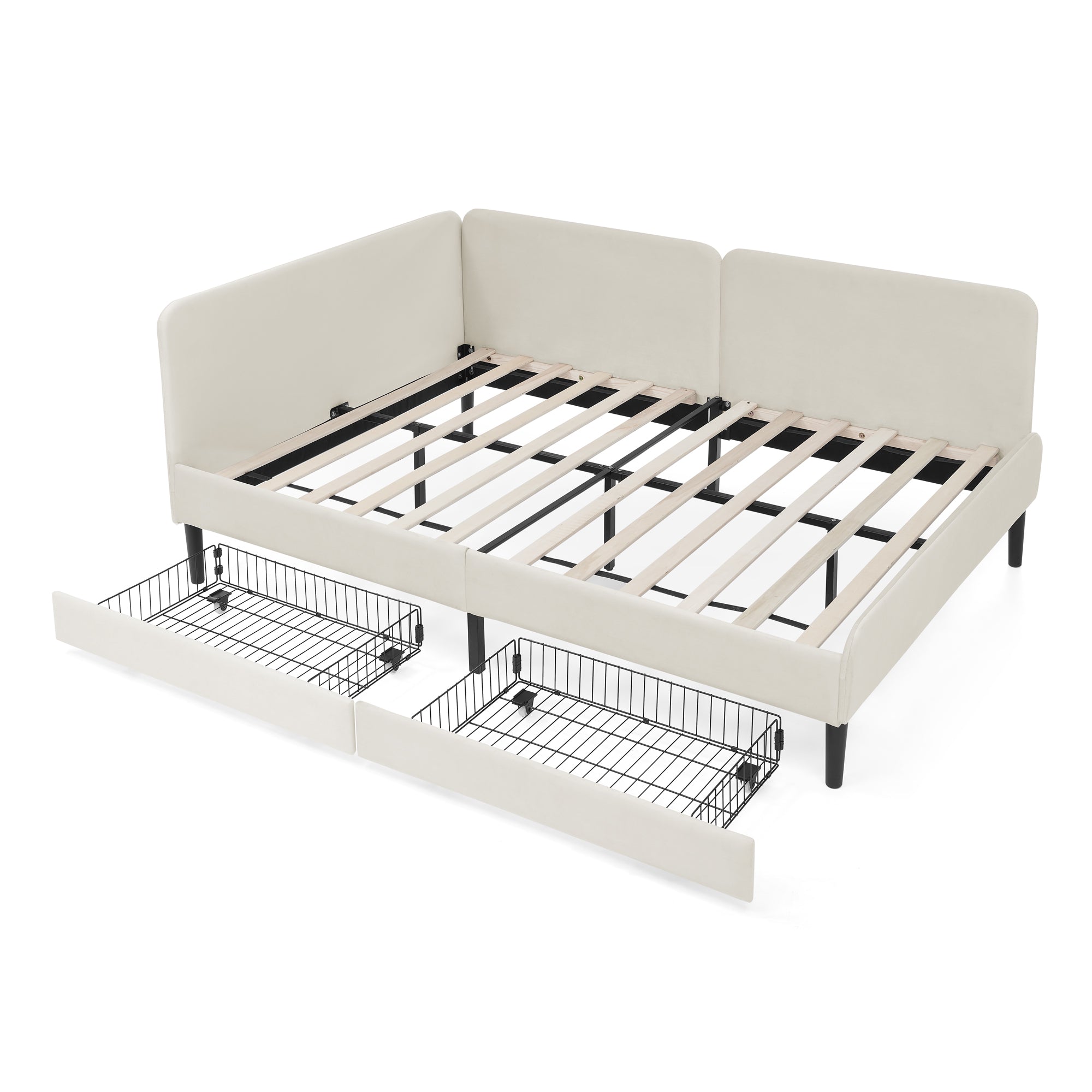 Beige Velvet Upholstered Platform Bed Frame with 2 Storage Drawers and Adjustable Sofa Bed, Full Size Main image