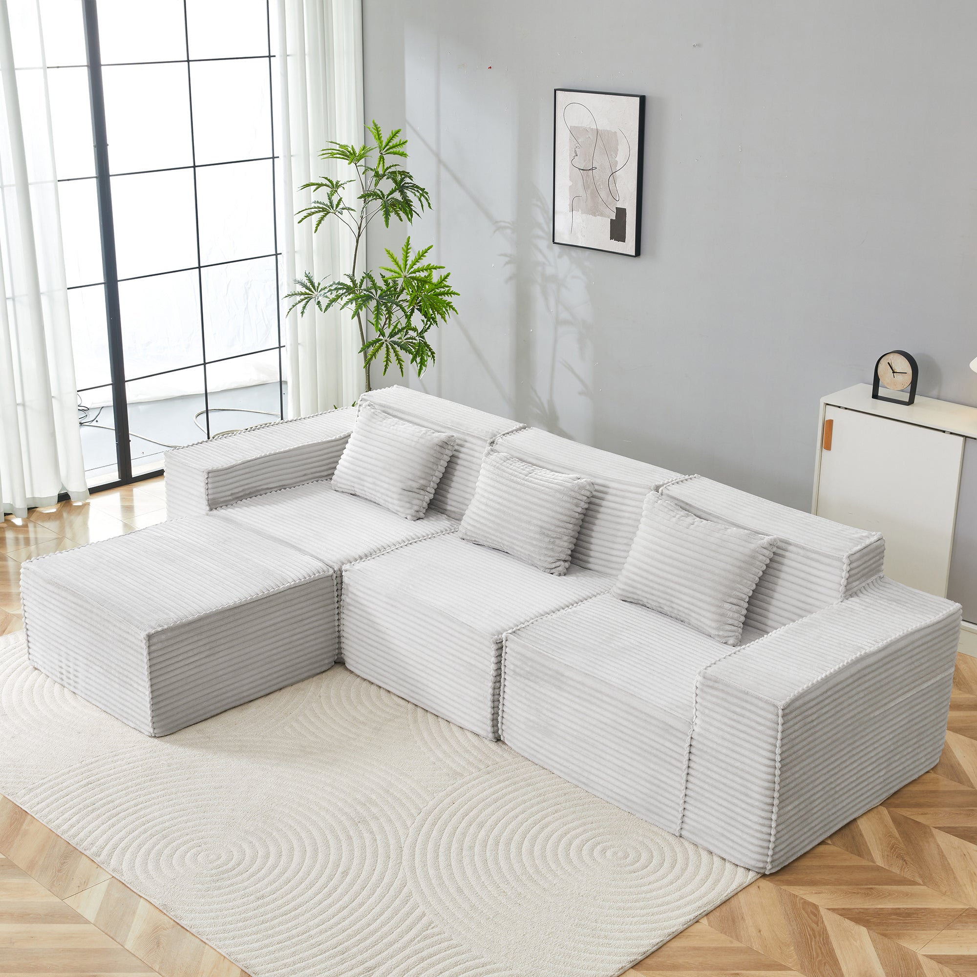 L-Shaped Modular Sectional Sofa, 3-Seater with Ottoman, Striped Corduroy Fabric, High-Density Foam For Home, Apartment, Office (Light Gray) Main image