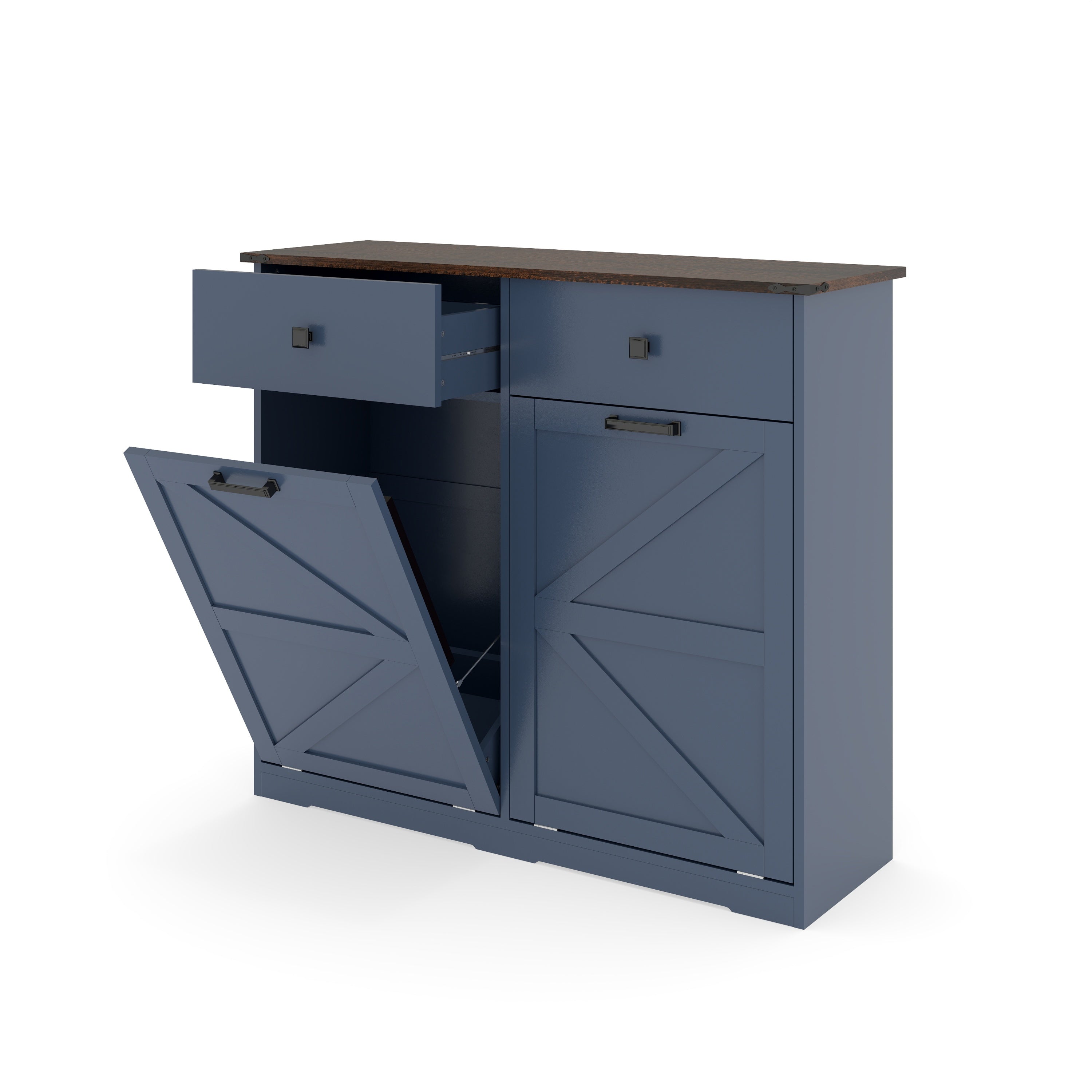 Farmhouse Blue Double Tilt Out Trash Cabinet for 20 Gallon Trash Cans, Free Standing Recycling Cabinet with Hideaway Drawer, Barn Door Style Laundry Sorter Cabinet, Tilt Out Trash Cabinet for Kitchen