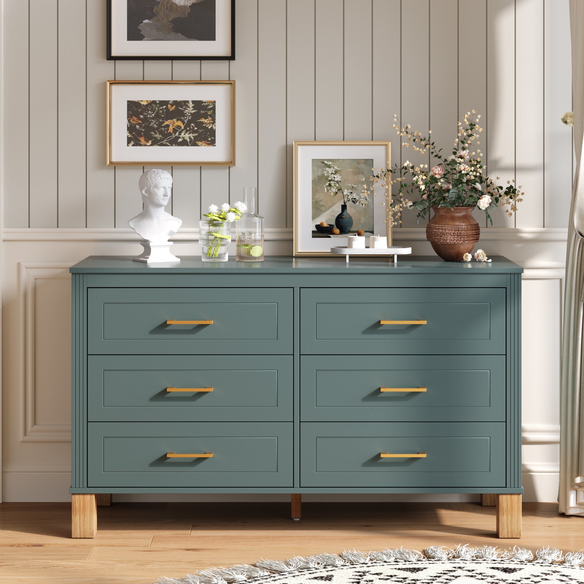 6-Drawer Double Dresser in Blue, Modern Storage Cabinet with Metal Handles & Solid Wood Legs, Dresser Drawer Organizer for Kids Bedroom, Heavy-Duty Wooden Dresser with Pre-Installed Main image