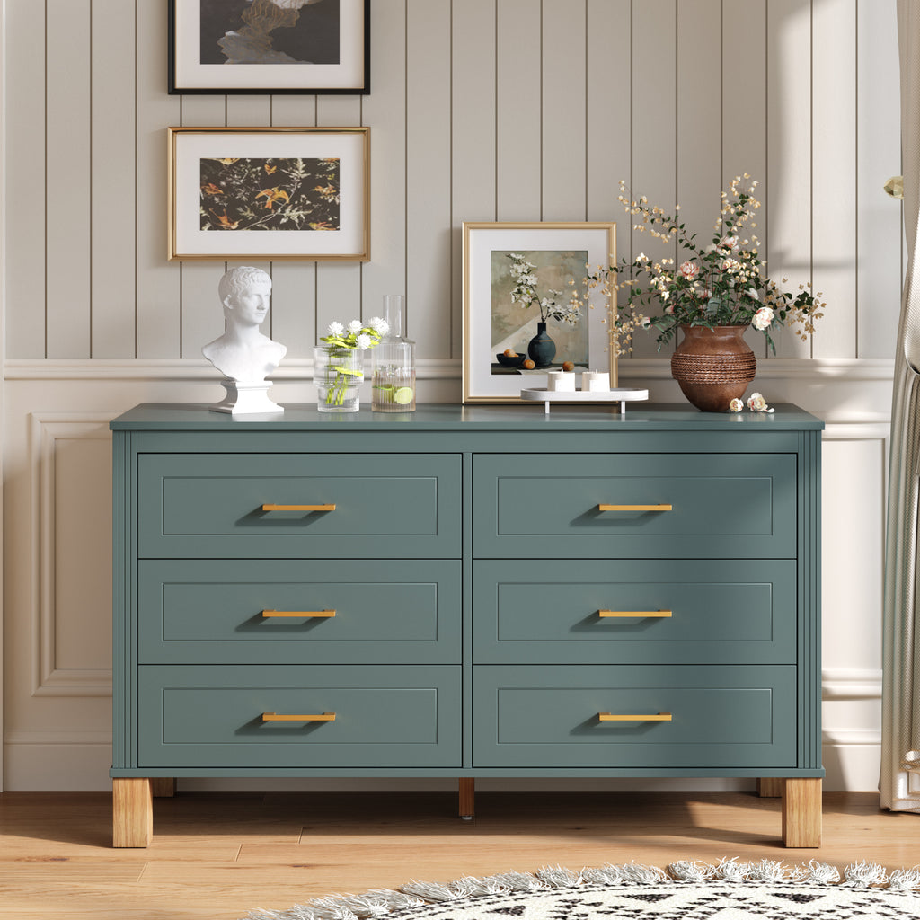 6-Drawer Double Dresser in Blue, Modern Storage Cabinet with Metal Handles & Solid Wood Legs, Dresser Drawer Organizer for Kids Bedroom, Heavy-Duty Wooden Dresser with Pre-Installed