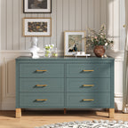 6-Drawer Double Dresser in Blue, Modern Storage Cabinet with Metal Handles & Solid Wood Legs, Dresser Drawer Organizer for Kids Bedroom, Heavy-Duty Wooden Dresser with Pre-Installed