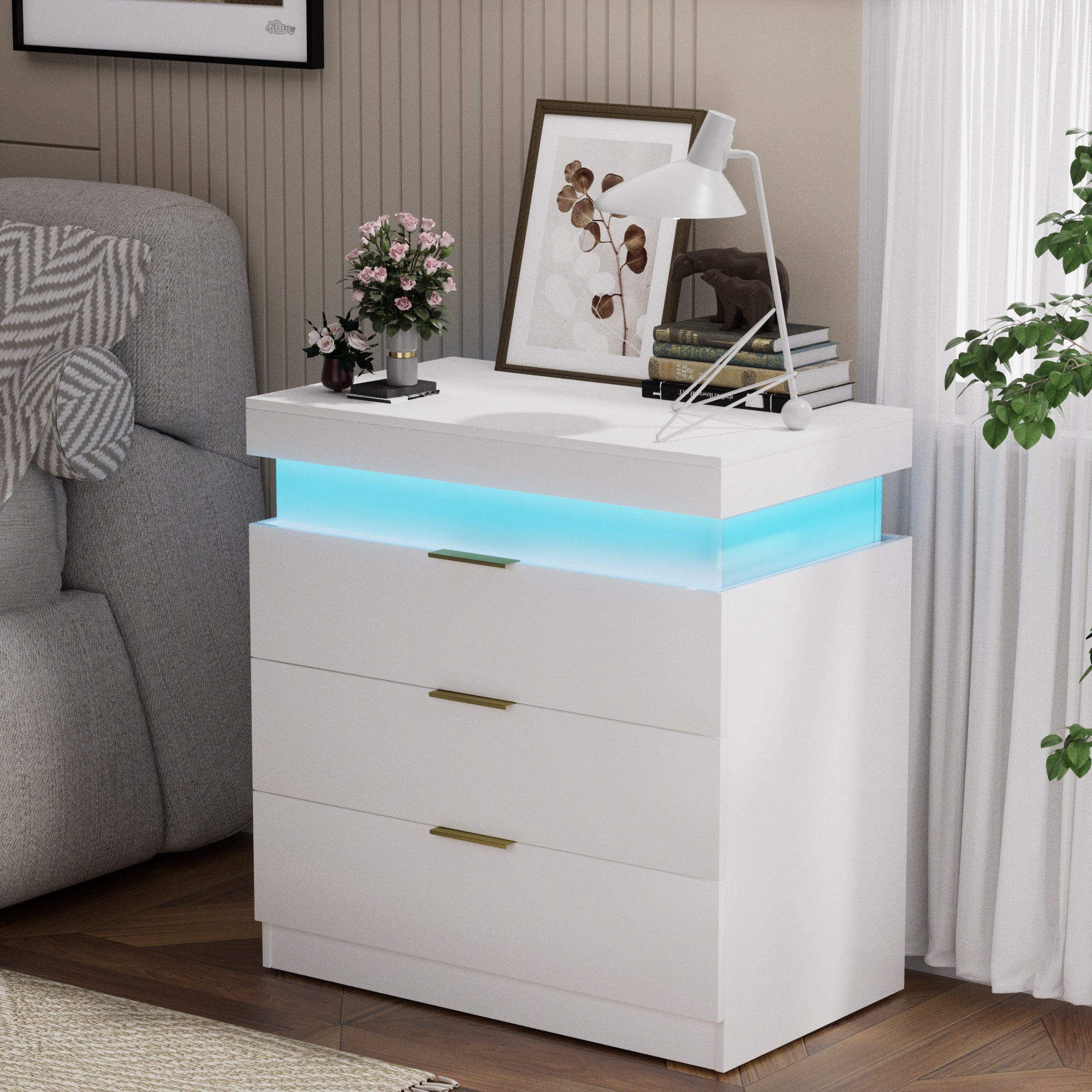 Nightstand with Charging Station and LED Lights,Night Stand with Sliding Top for Bedroom,Bedside Table with Drawers,Modern End Side Table,White.28.8''W x 17''D x 30.5''H. Main image