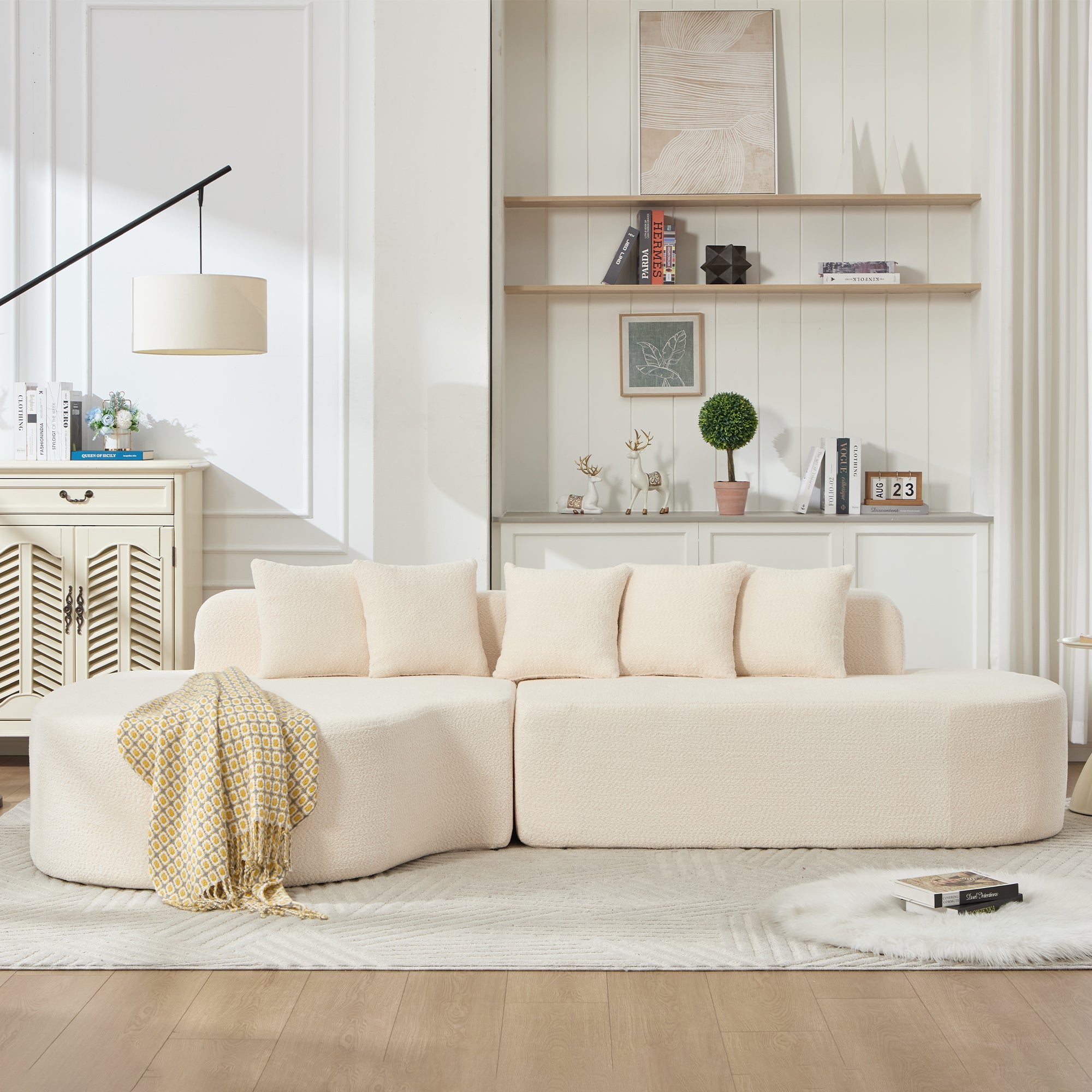 110.2'' * 62'  Boneless Couches for Living Room, Sectional Curved Sofa with5 Pillows, L-Shape Boneless Couch with Deep Seat, High-Density Memory Foam, No Assembly Required,  (IVORY)