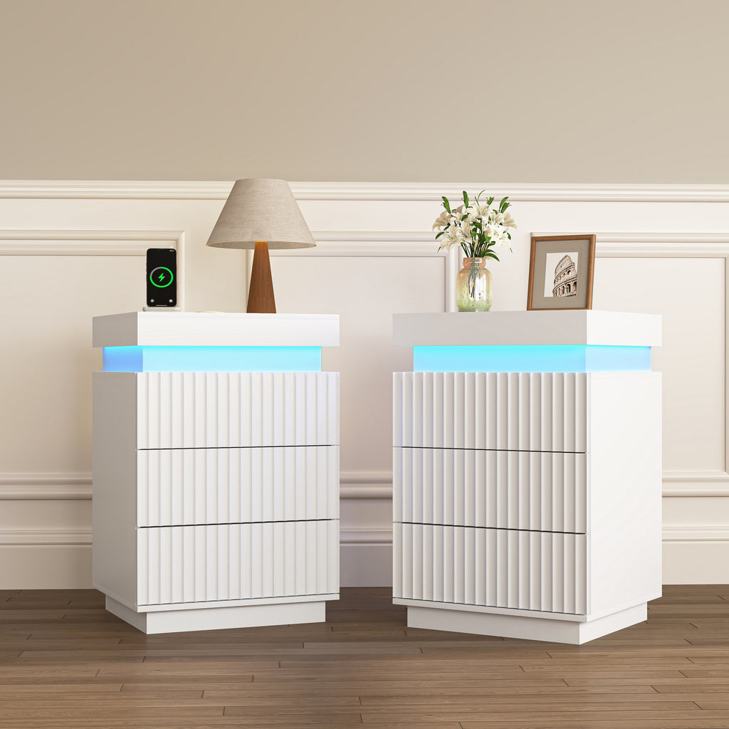 (Set of 2)End Table with Fast USB C Charging Station, Sofa Side Table with 2 Drawers and LED lights, Large Storage Modern Wood Storage Cabinet for Living Room,Bedroom,Office, White