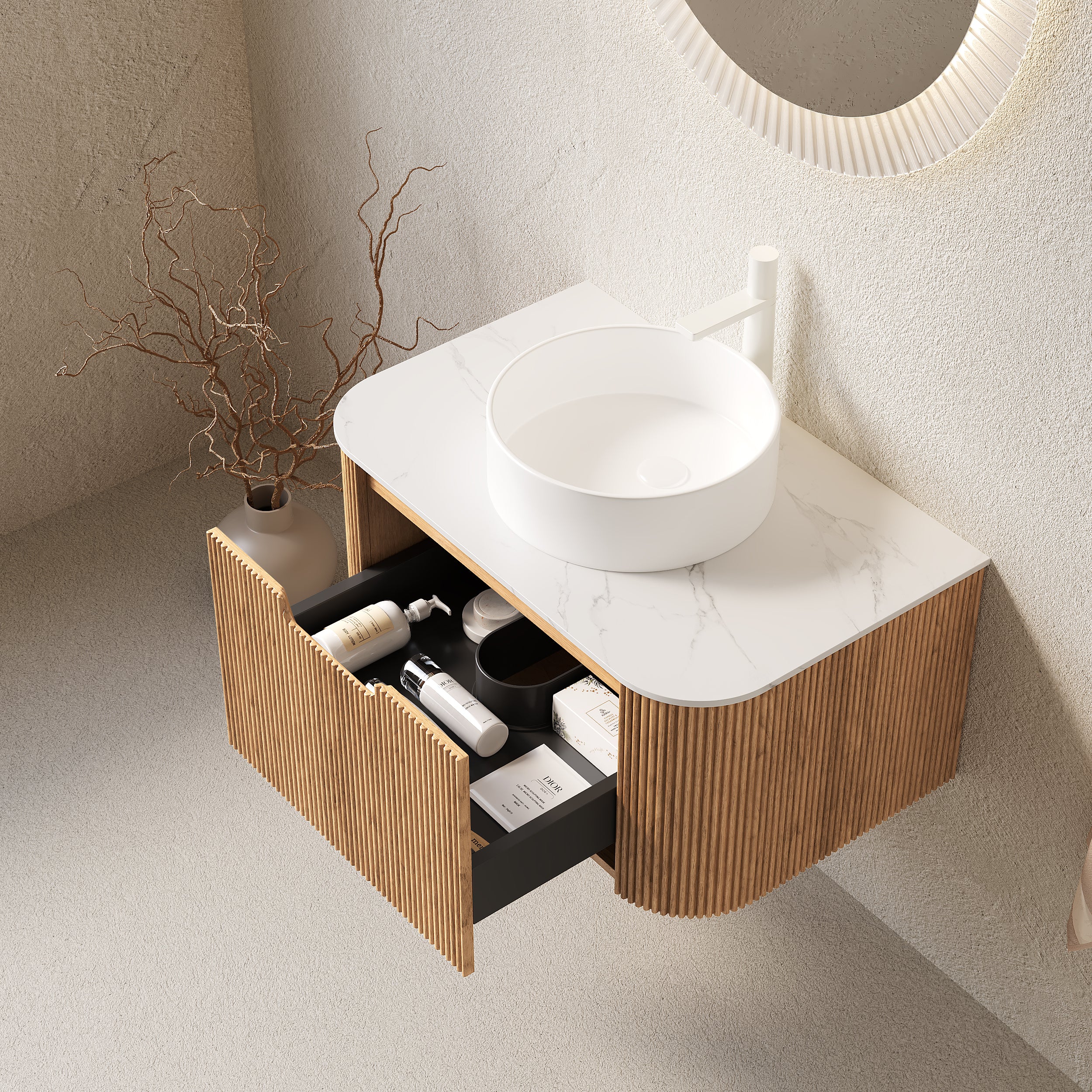 DINA 30' Bathroom Vanity&Sink, Floating Curved Edges Striped Bathroom Storage Cabinet with Drawer, White Round Ceramic Basin&Carrara White Artificial Marble Top, Pre-assembled, Natural Woodgrain Color Secondary image