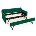 Green Velvet Mid-Century Daybed with Twin Pop-Up Trundle and USB Charging Armrest