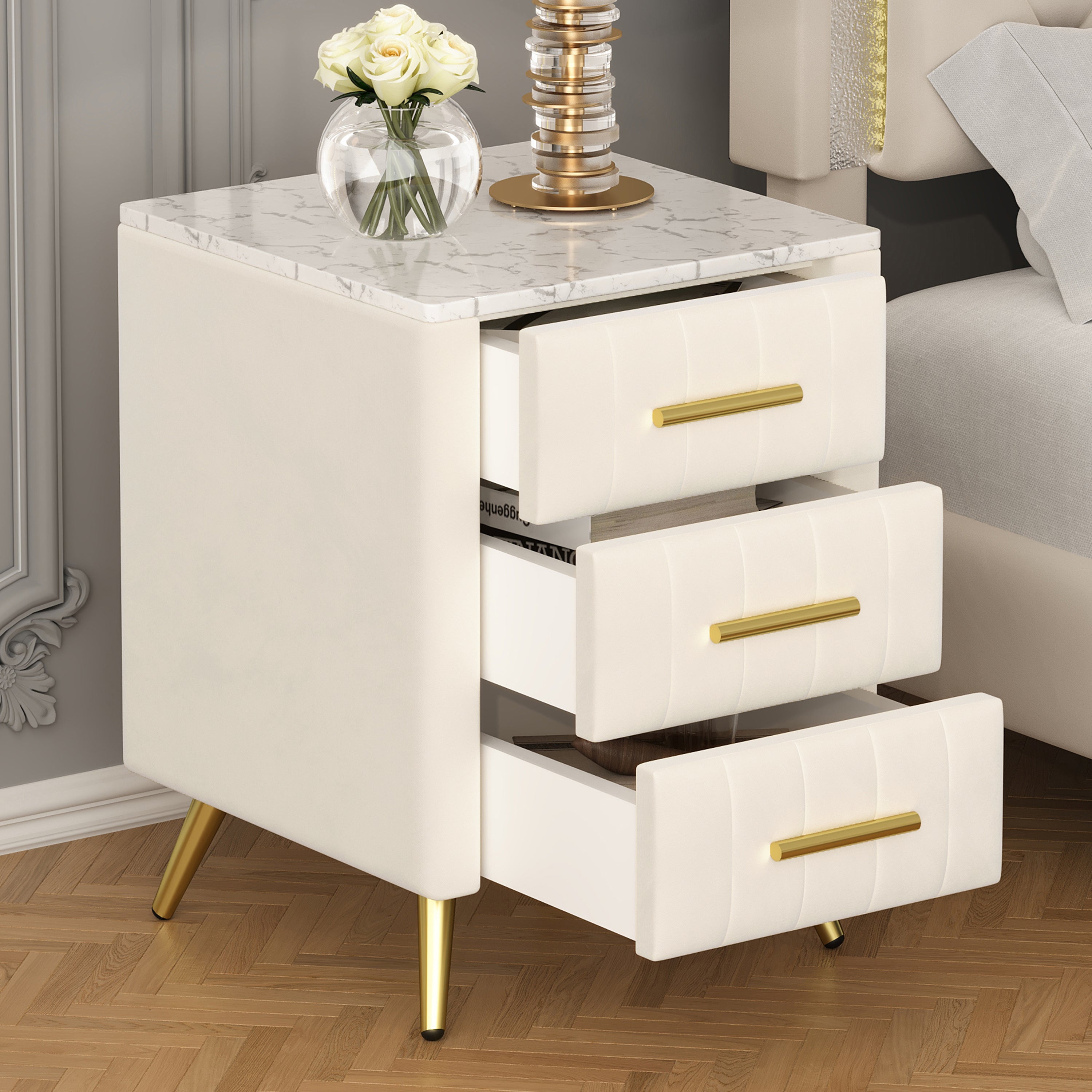 Upholstered Wooden Nightstand with 3 Drawers and Metal Legs&Handles, Bedside Table with Marbling Stickers Worktop - Beige Main image