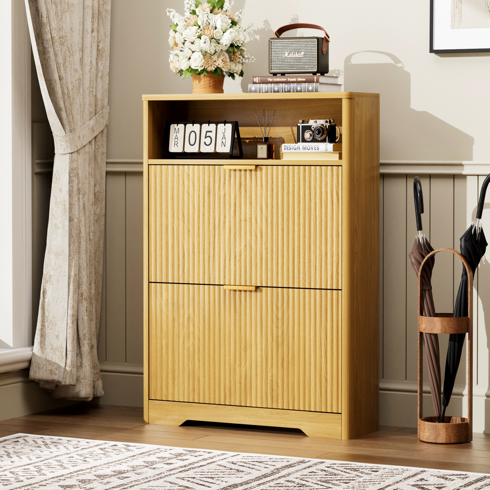 Shoe Cabinet Storage for Entryway Hidden Shoes Storage Cabinet with 2 Flip Drawers, Tall Free Standing Shoe Organizer Rack for Foyer, Hallway. Natural,31.6'' L x 9.6'' W x 40'' H. Main image