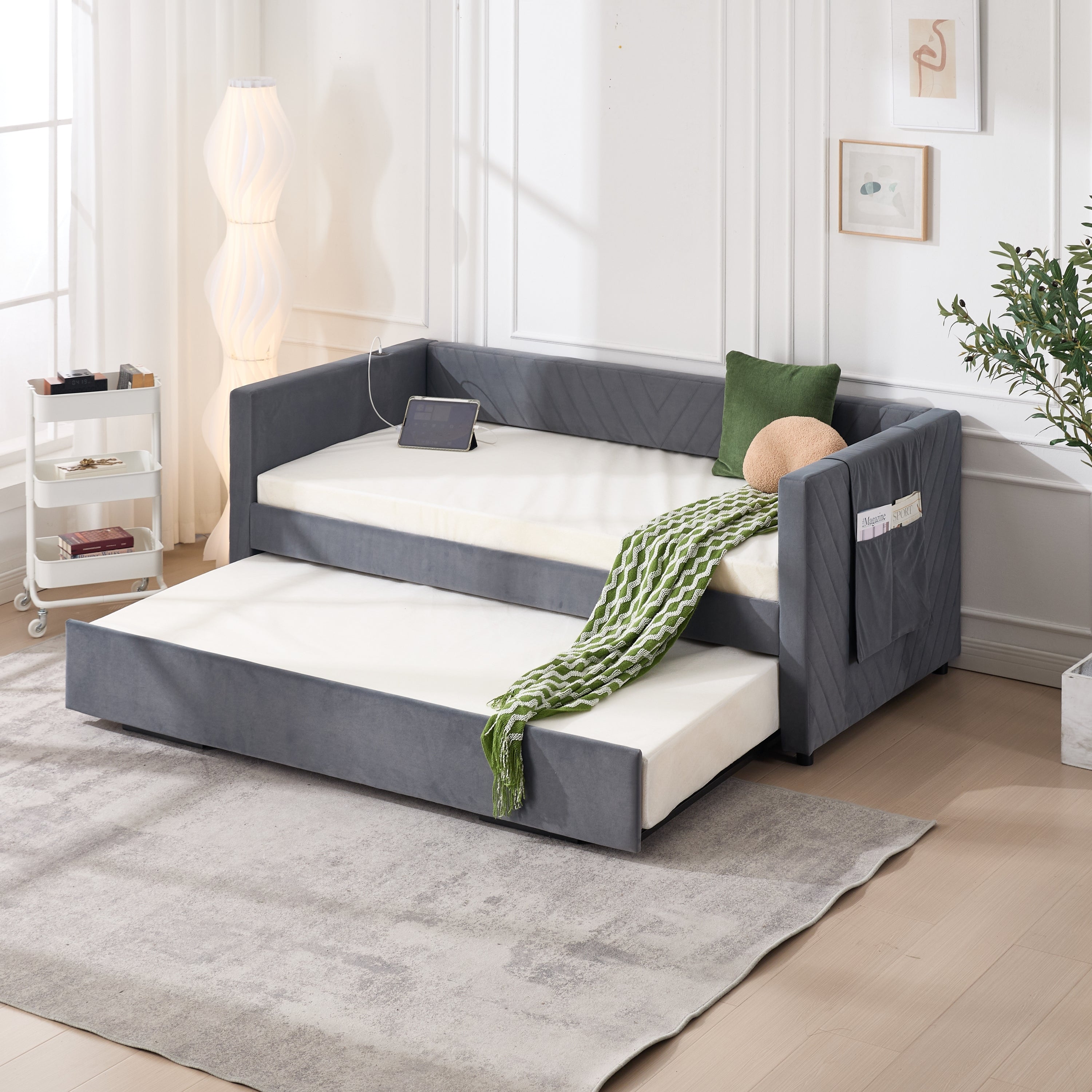 Twin Size Upholstered Daybed with Trundle,USB Port ,Side Pockets, Modern V-grained backrest Design,No Box Spring Needed, for Bedroom, Guest Room ( Grey, Twin) Main image