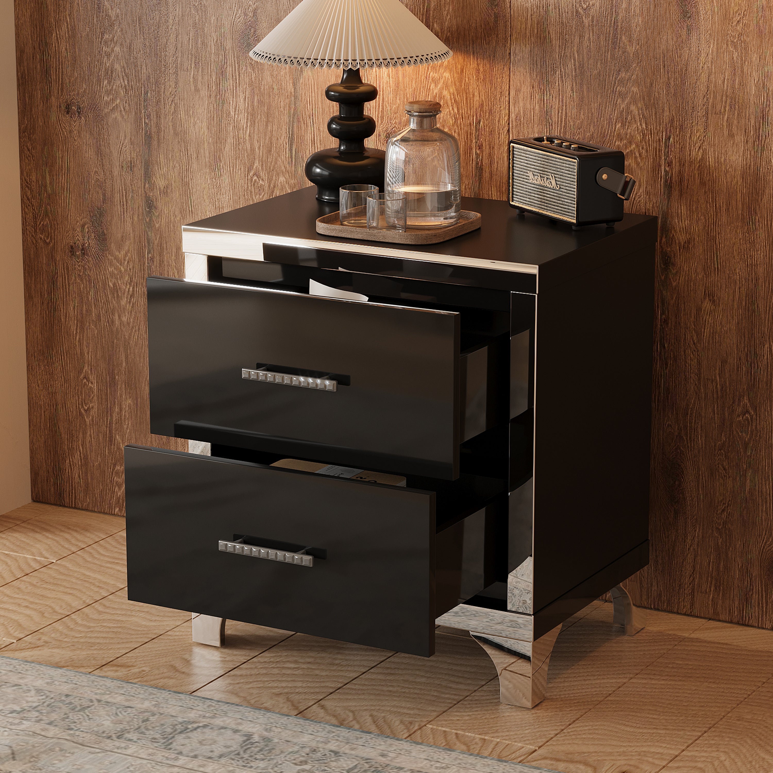 Elegant High Gloss Nightstand with Metal Handle,Mirrored Bedside Table with 2 Drawers for Bedroom,Living Room,Black Secondary image