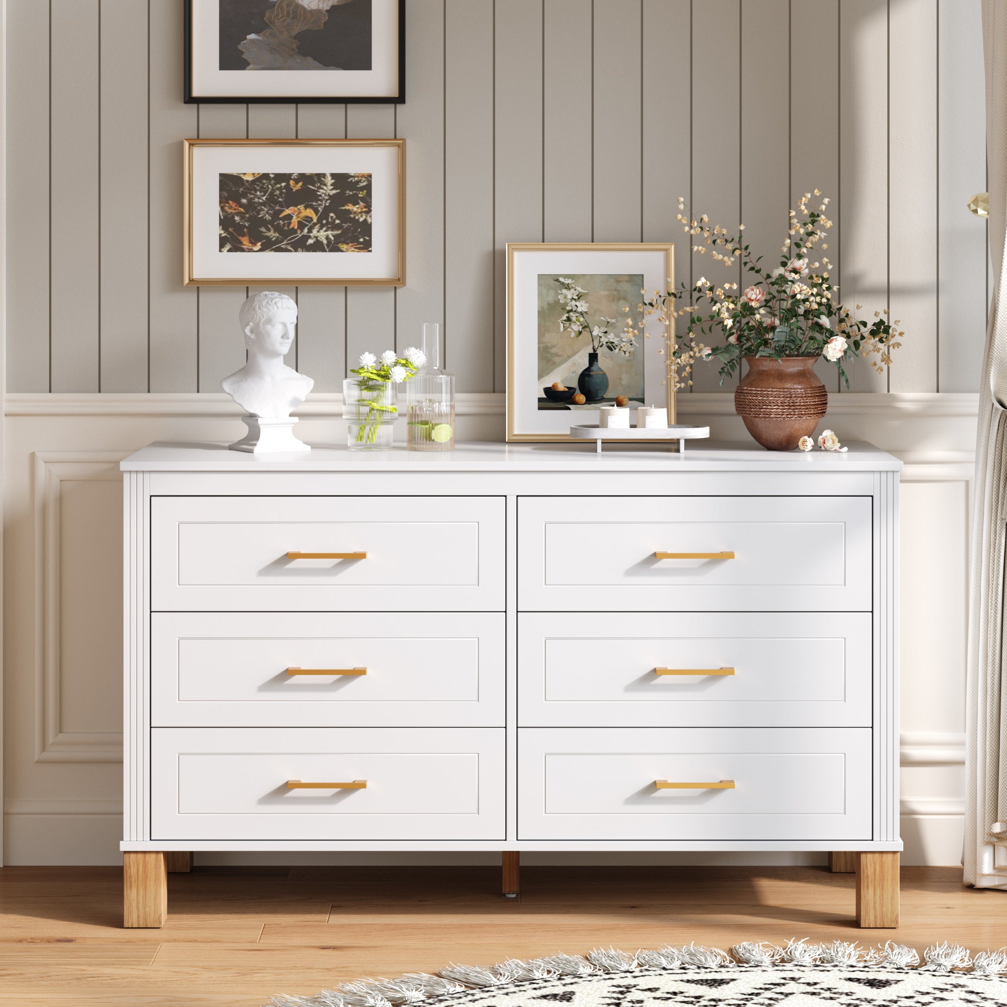 6-Drawer Double Dresser in White, Modern Storage Cabinet with Metal Handles & Solid Wood Legs, Dresser Drawer Organizer for Kids Bedroom, Heavy-Duty Wooden Dresser with Pre-Installed Main image