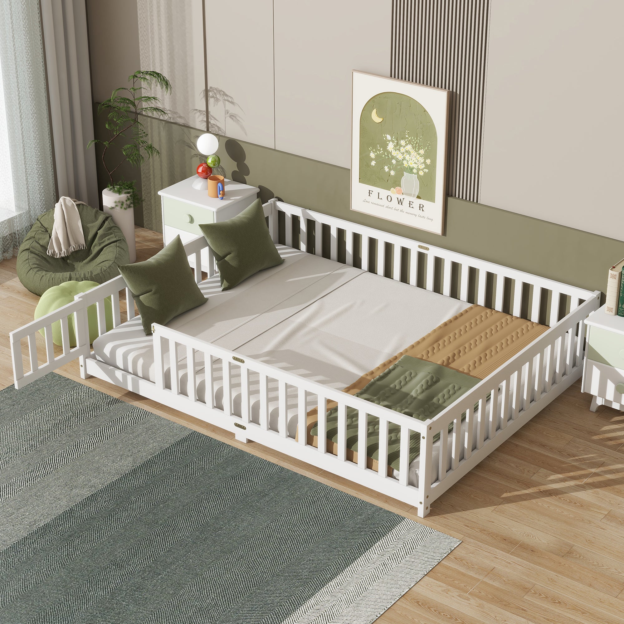 Queen Size Floor Bed with Fence,Door,Rubber Wood Floor Bed with Safety Guardrails,White Main image