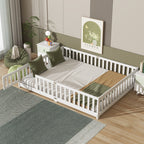 Queen Size Floor Bed with Fence,Door,Rubber Wood Floor Bed with Safety Guardrails,White