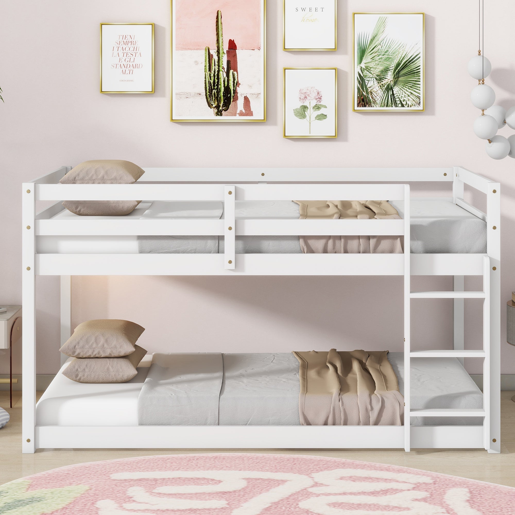 Solid Wooden, Solid Rubber Wooden Twin over Twin Floor Bunk Bed with Ladder, with Bed Platform of Strengthened Slats,White Main image