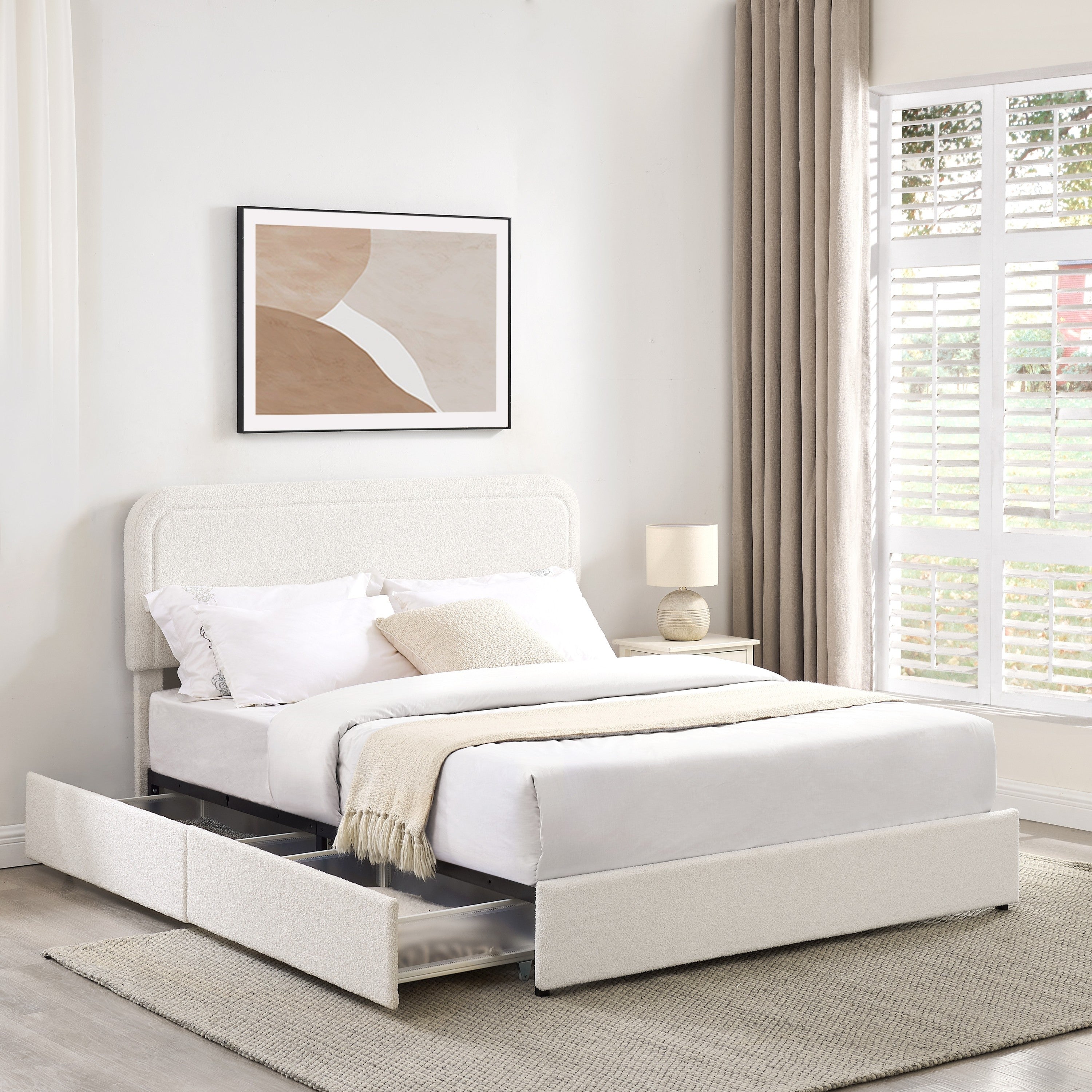 Liv Queen Size Ivory Boucle Upholstered Platform Bed with 4-Drawer Storage and Adjustable Tufted Headboard Secondary image