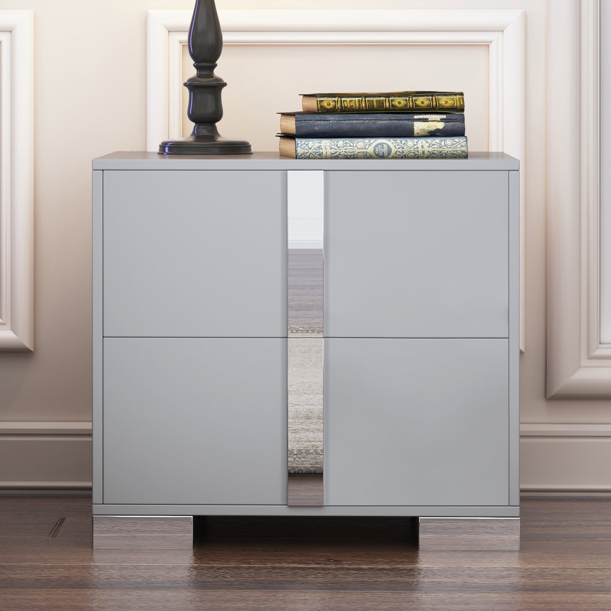 Elegant Nightstand with Metal Foot, Mirrored Bedside Table with 2 Drawers for Bedroom, Living Room, Gray (Old SKU: WF319353AAE) Main image