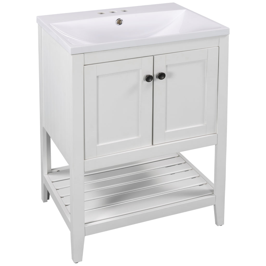 Modern White Bathroom Vanity with Ceramic Sink and Solid Wood Frame, 24-Inch