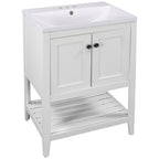 Modern White Bathroom Vanity with Ceramic Sink and Solid Wood Frame, 24-Inch