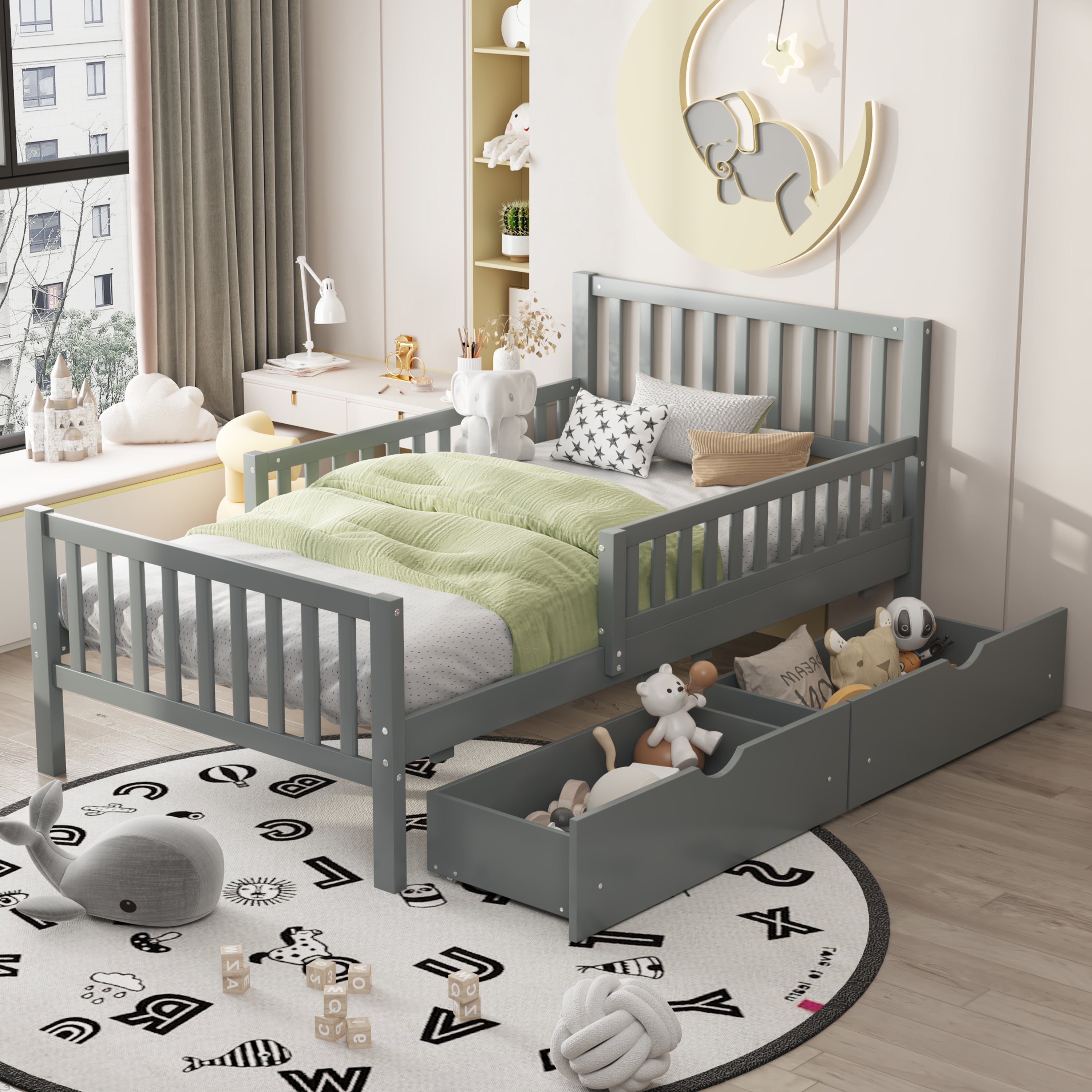 Twin Size Wood Platform Bed with Guardrails on Both Sides and Two Storage Drawers, Gray Main image