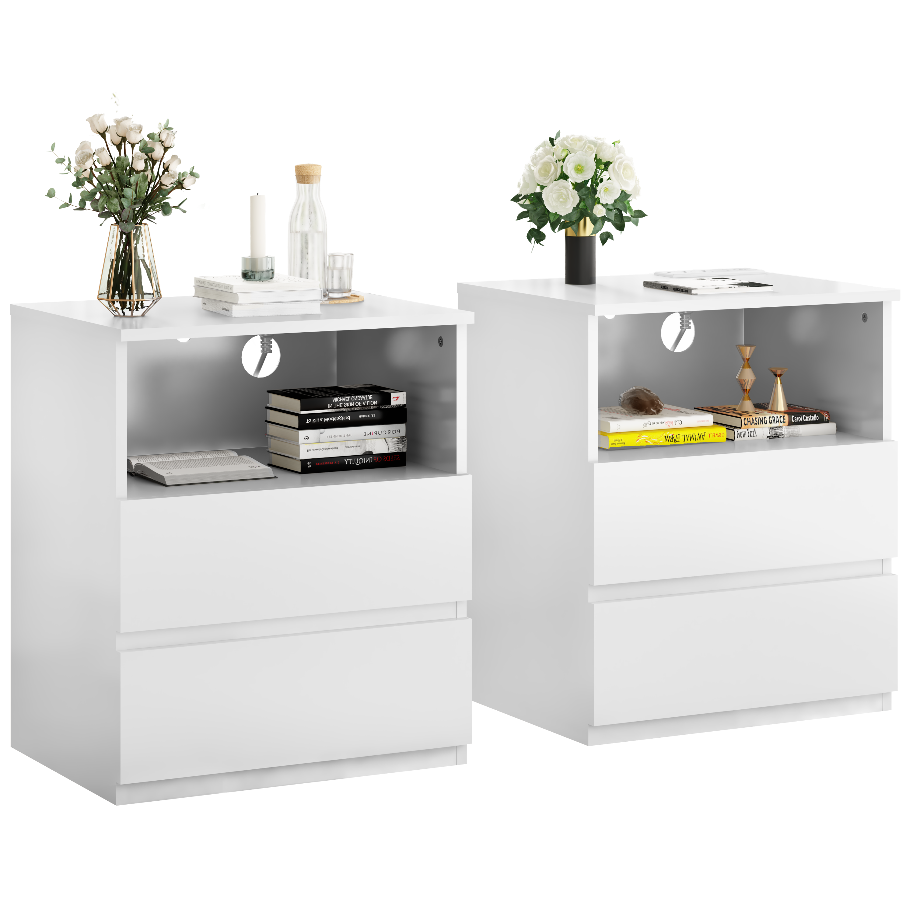 (Set of 2)End Table with Fast USB C Charging Station, Sofa Side Table with 2 Drawers, Large Storage Modern Wood Storage Cabinet for Living Room,Bedroom,Office, White Main image
