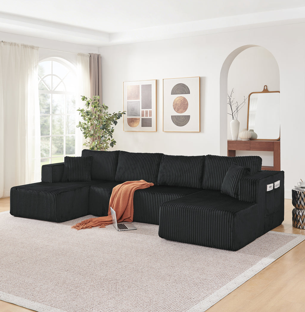 132' U Shaped Modular Sectional Sofa, Comfy Compressed Cloud Couch with Side Pockets, Modern Minimalist Corduroy Memory Foam Sleeper Sofa for Living Room, No Assembly Required,Black