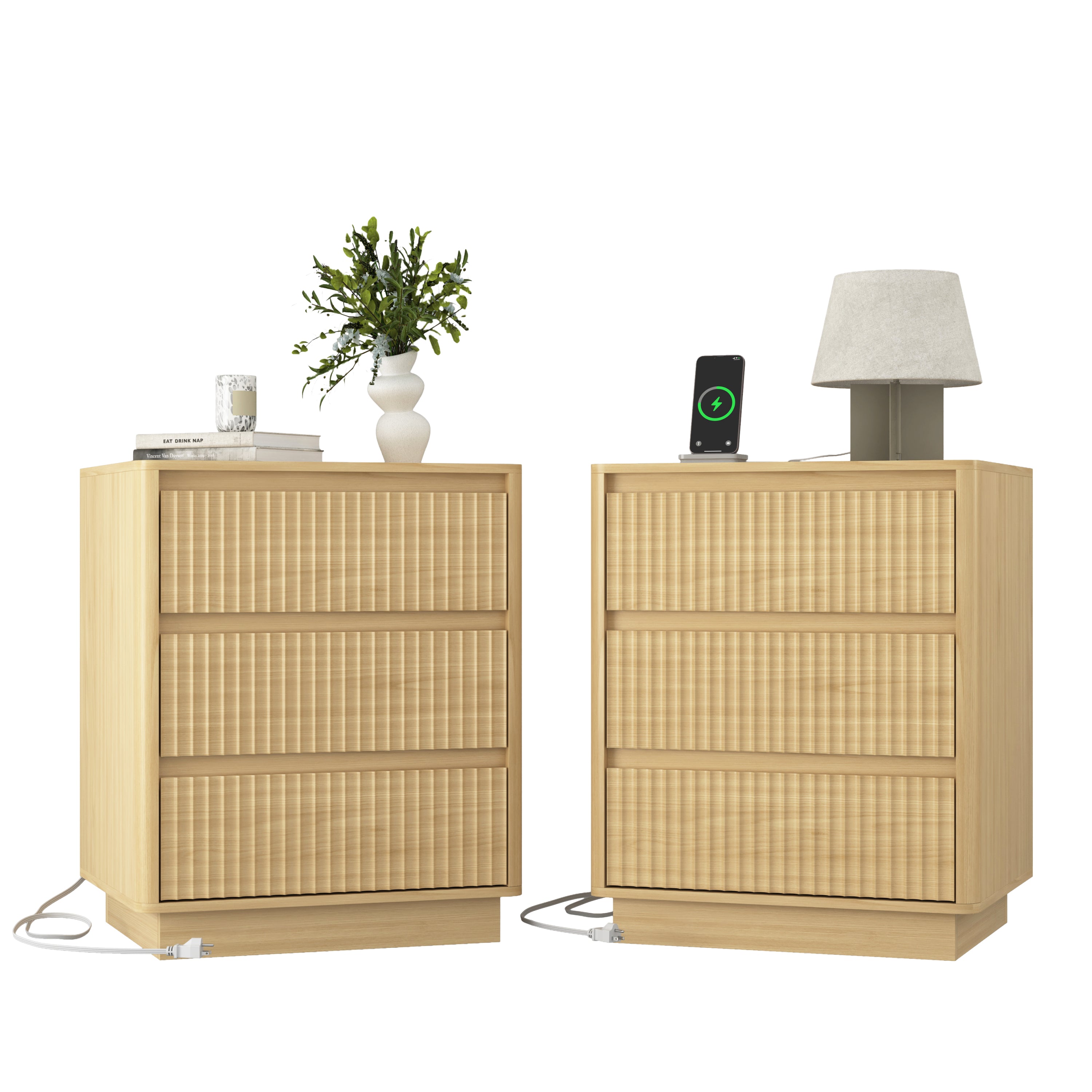 (Set of 2)End Table with Fast USB C Charging Station, Sofa Side Table with 3Drawers, Large Storage Modern Wood Storage Cabinet for Living Room,Bedroom,Office, Natura; Main image