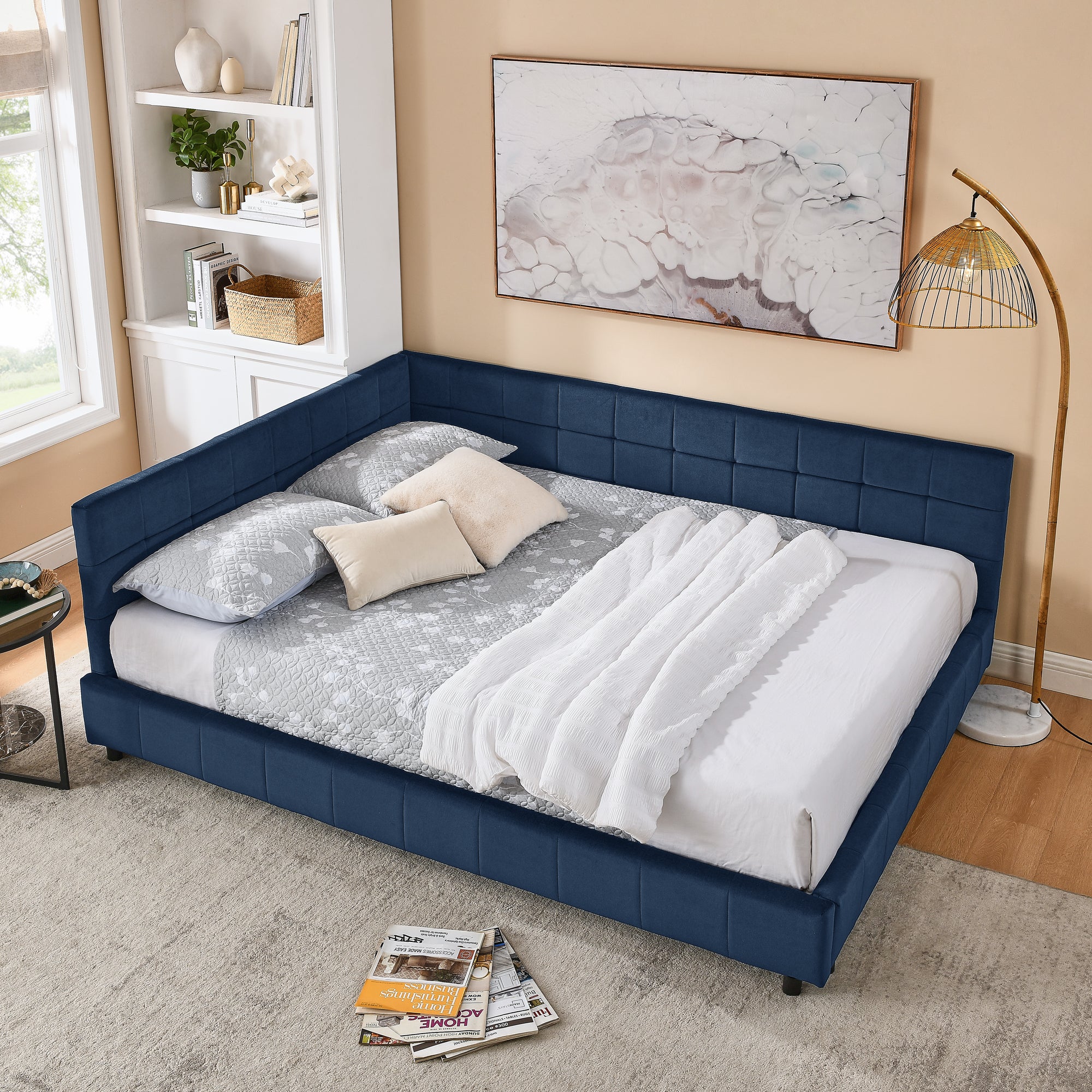 Mid-Century Upholstered Tufted Queen Size Bed Frame with Backrest and Armrests, Velvet, Dark Blue Secondary image