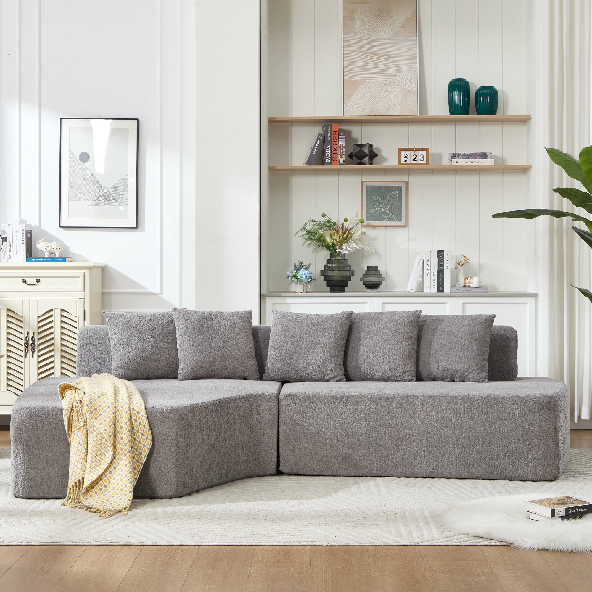 Compression Sectional Couch with Comfy Chaise,Irregular L-shaped compression sofa with deep seat, Minimalist Modular Couches Sleeper for Living Room Bedroom Apartment Lounge-LIGHT GREY Main image