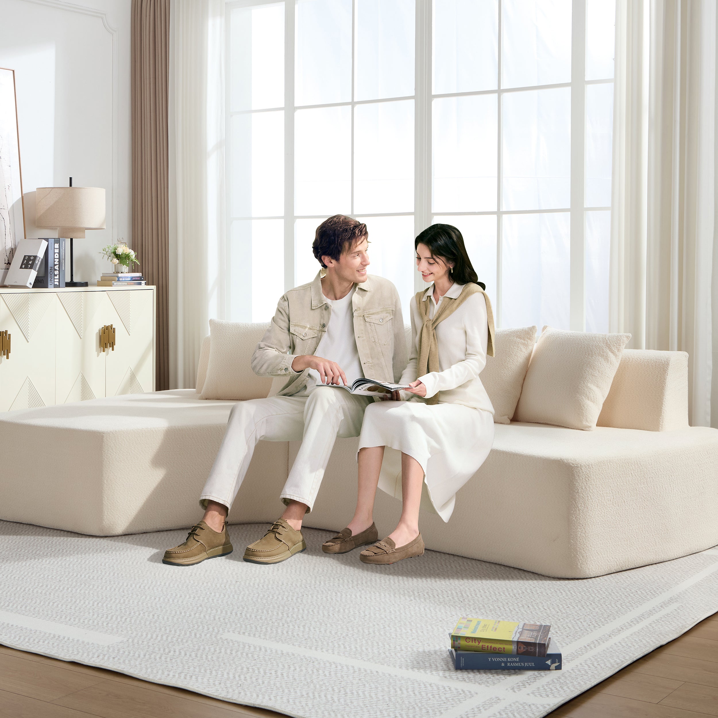 Compression Sectional Couch with Comfy Chaise,Irregular L-shaped compression sofa with deep seat, Minimalist Modular Couches Sleeper for Living Room Bedroom Apartment Lounge-IVORY Secondary image
