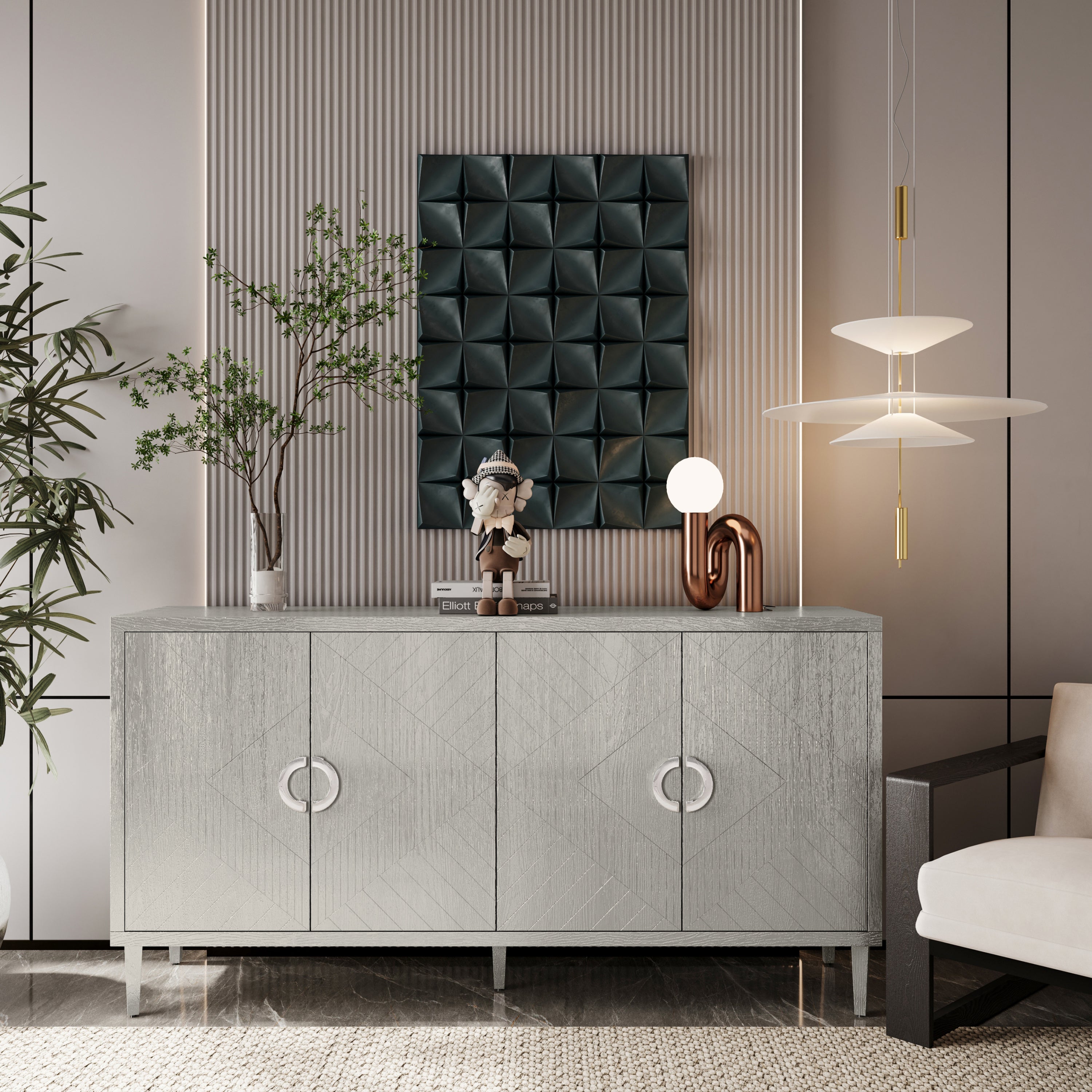 Stylish and Functional 4-Door Storage Cabinet with Pine Legs and MDF, for Living Room Bedroom,and Kitchen,Champagne Main image
