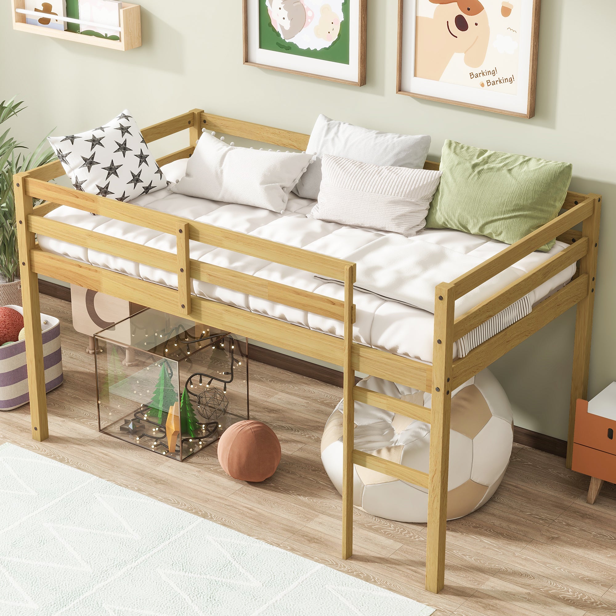 Solid Wooden, Rubber Wooden Twin Loft Bed with Ladder, Bed Platform of Strengthened Slats, Natural Secondary image
