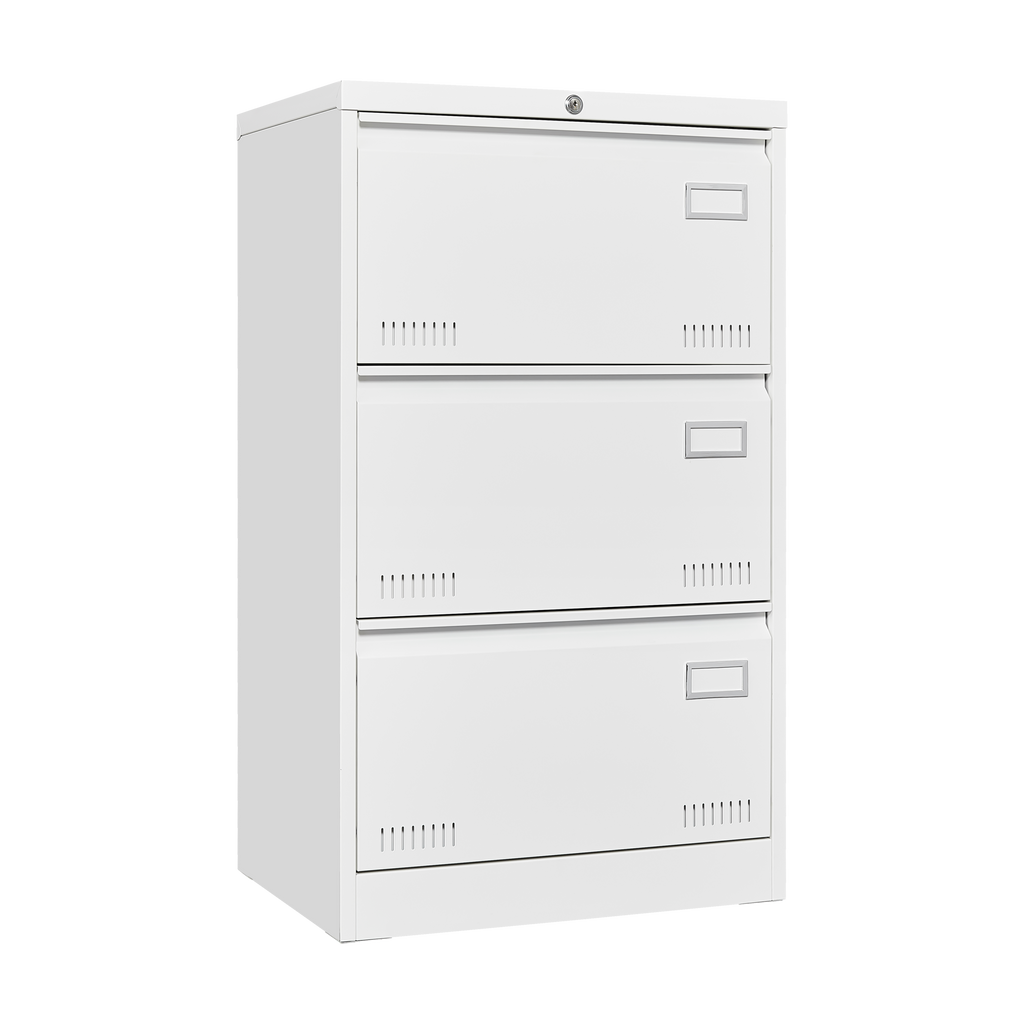 Contemporary White Metal Lateral File Cabinet with Lock, 3 Drawer Office Storage for Legal/Letter/A4/F4