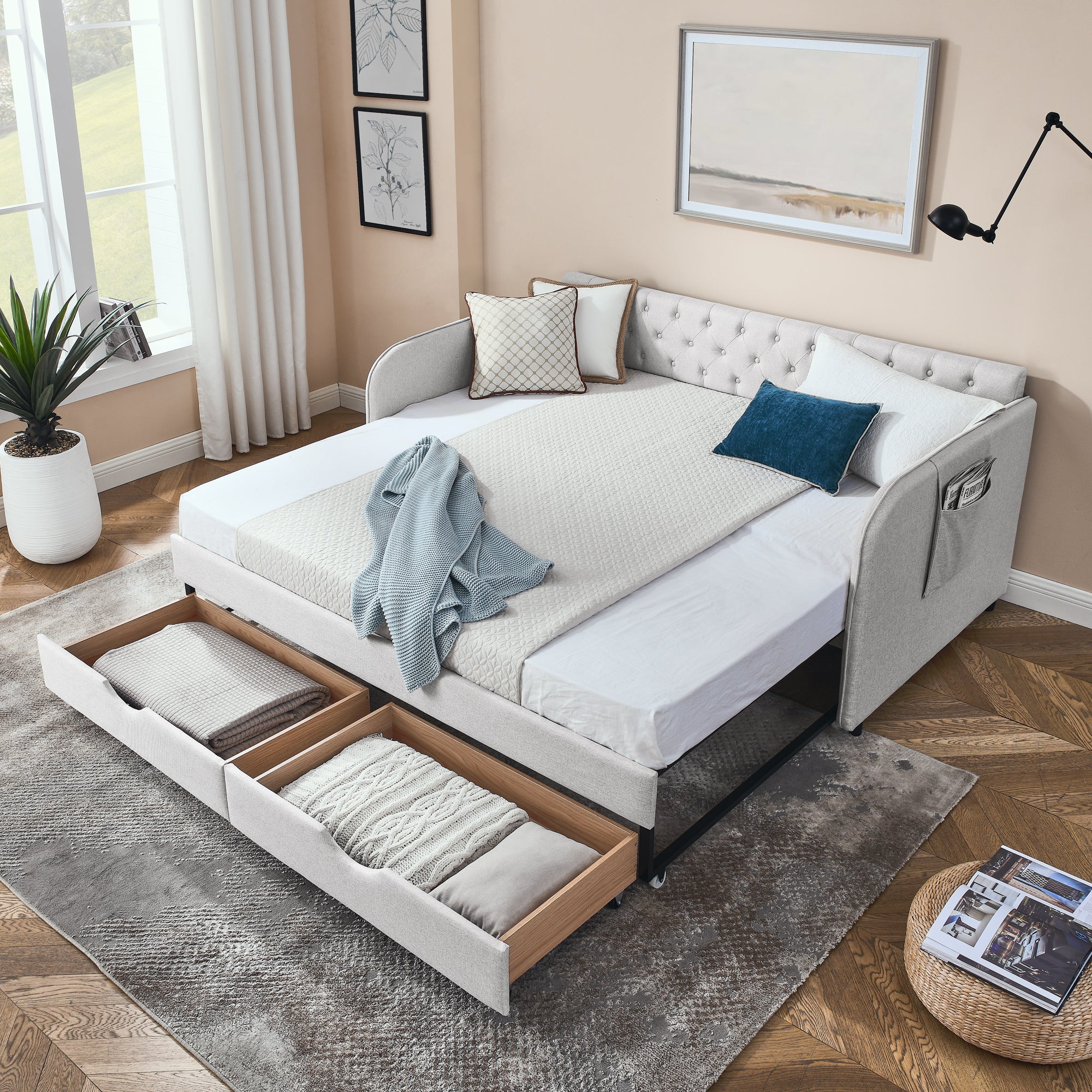 Linen Beige Twin Size Upholstered Daybed with Trundle and Storage Drawers, Flat Arms with Pocket, Extendable for Bedroom or Living Room Secondary image