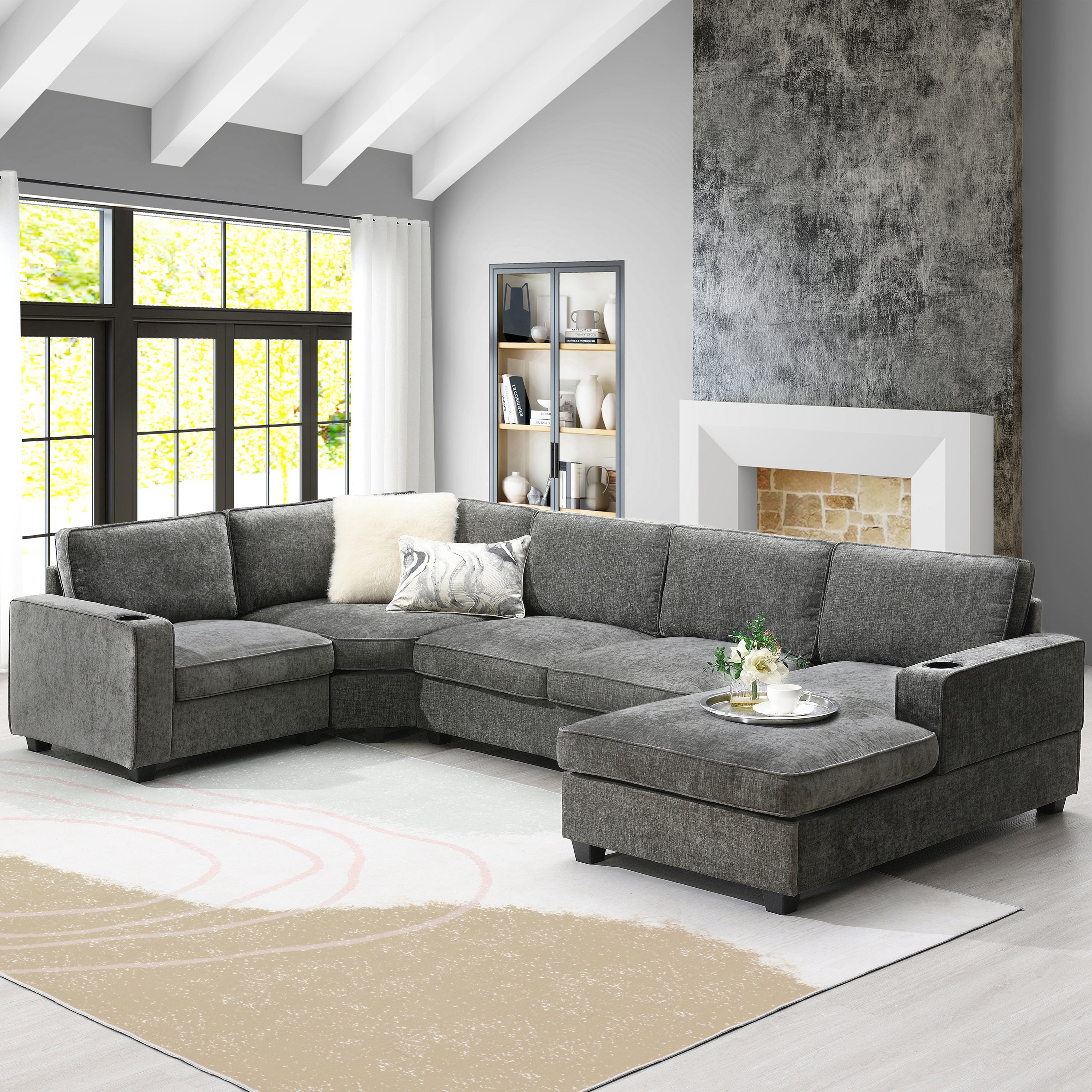 [VIDEO]119' U-Shaped Sectional Sofa, 6 Seat Chenille Corner Couch Set with Cup Holders, Oversized Chaise Lounge, Irregular Corner, Deep and Wide Seat, Comfy Sofa for Living Room&Apartment, 2 Colors Main image
